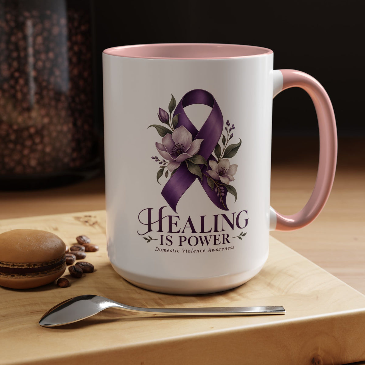 Healing Is Power Purple Ribbon Coffee Mug — Domestic Violence Awareness Accent Mug (11/15oz)