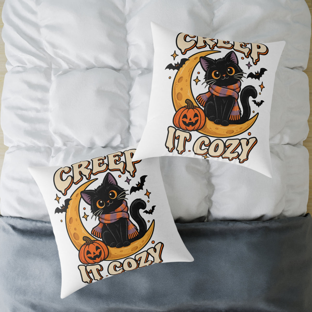 Halloween Cat Pillow — "Creep It Cozy" Decorative Square Throw Pillow