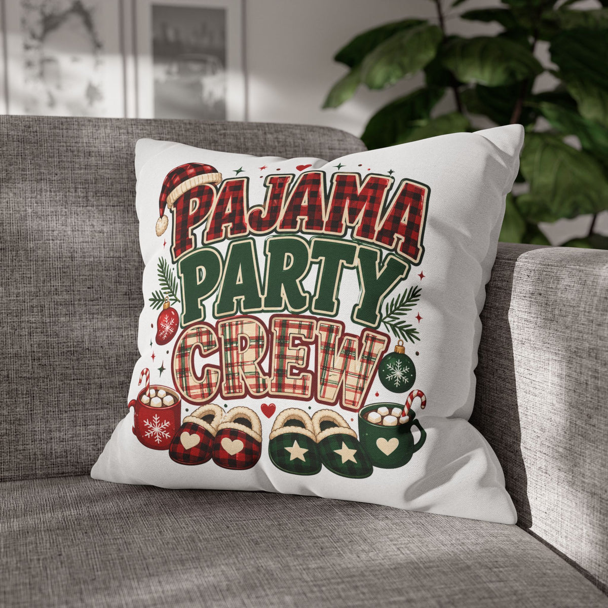 Christmas Pajama Party Crew Pillowcase — Christmas Holiday Decorative Throw Pillow Cover