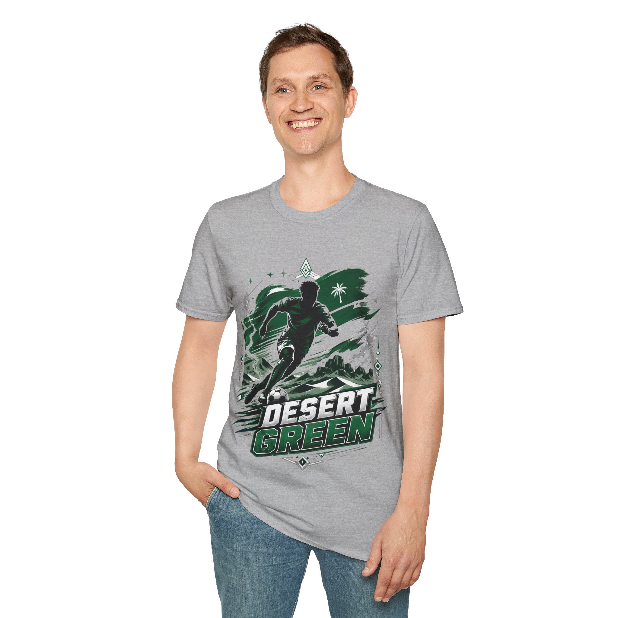 Saudi Arabia Desert Green Soccer T-Shirt — Silhouette Player Graphic