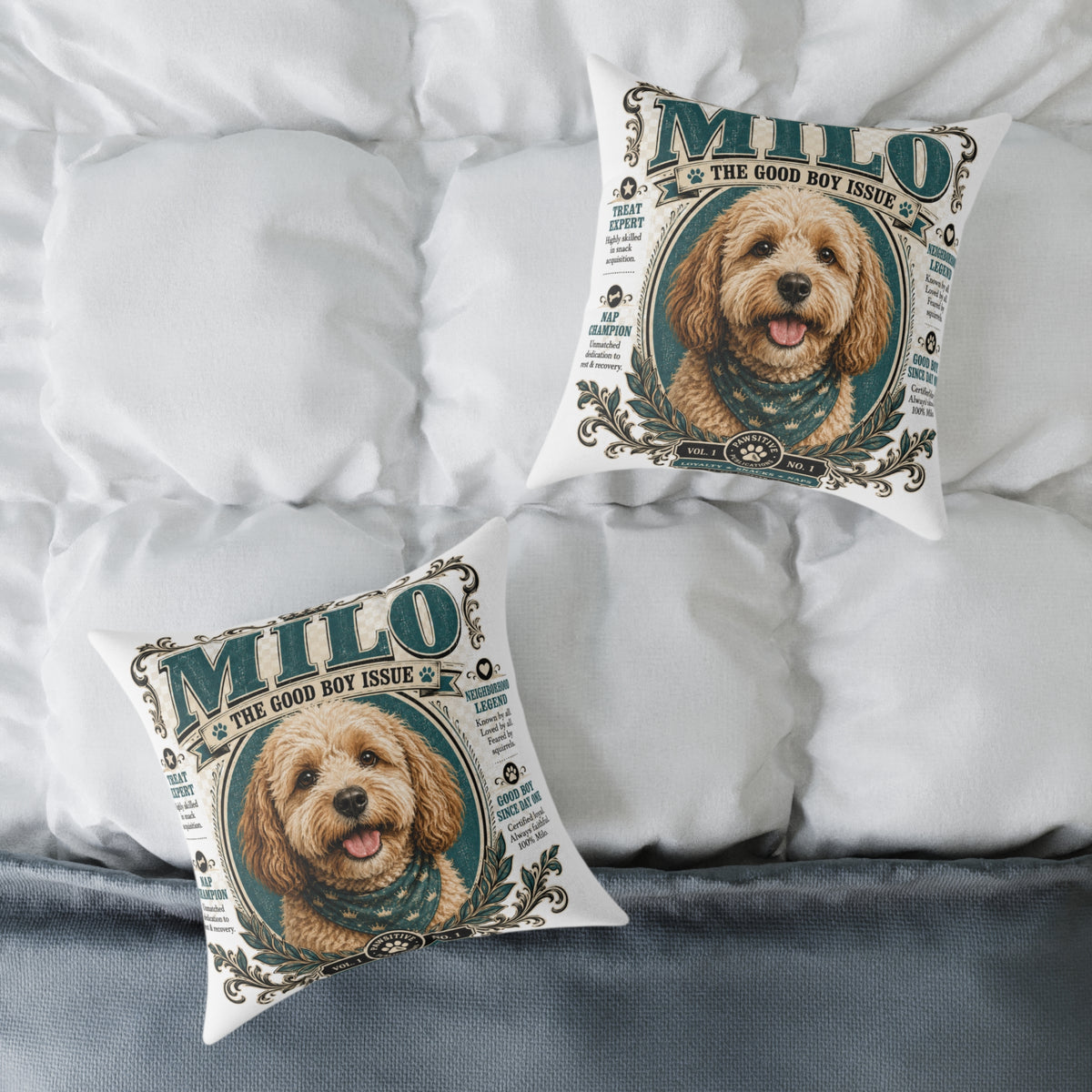 Personalized Dog Pillow - "Milo The Good Boy Issue" Decorative Pet Portrait Cushion  Milo Bailey Dog Dad Mom
