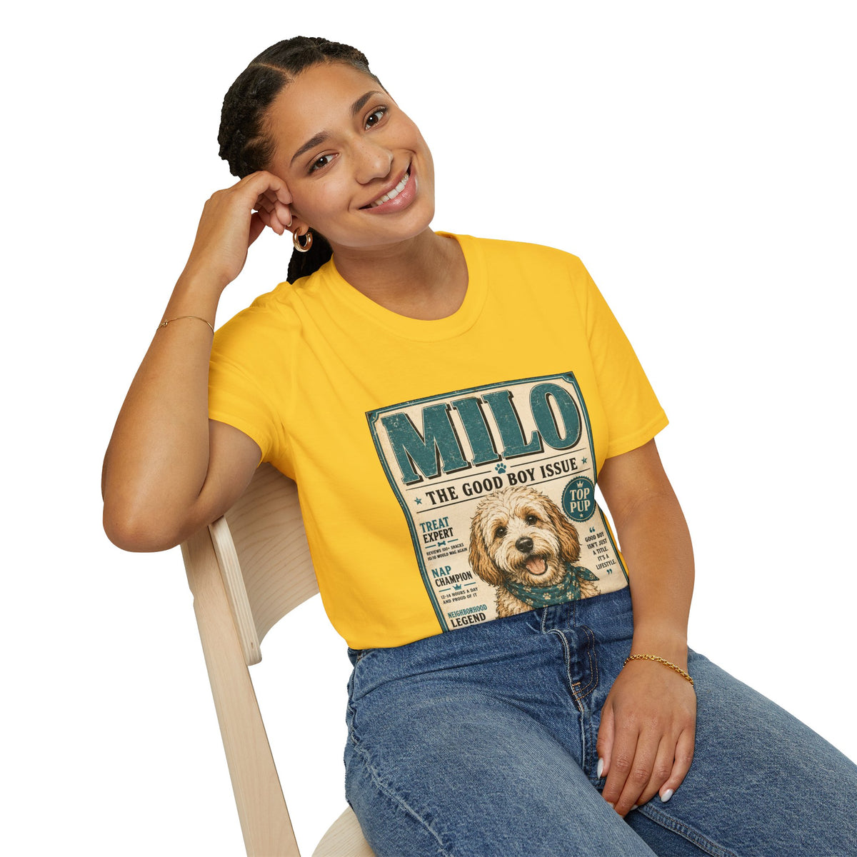 Milo 'The Good Boy Issue' Dog T‑Shirt — Vintage Puppy Magazine Design