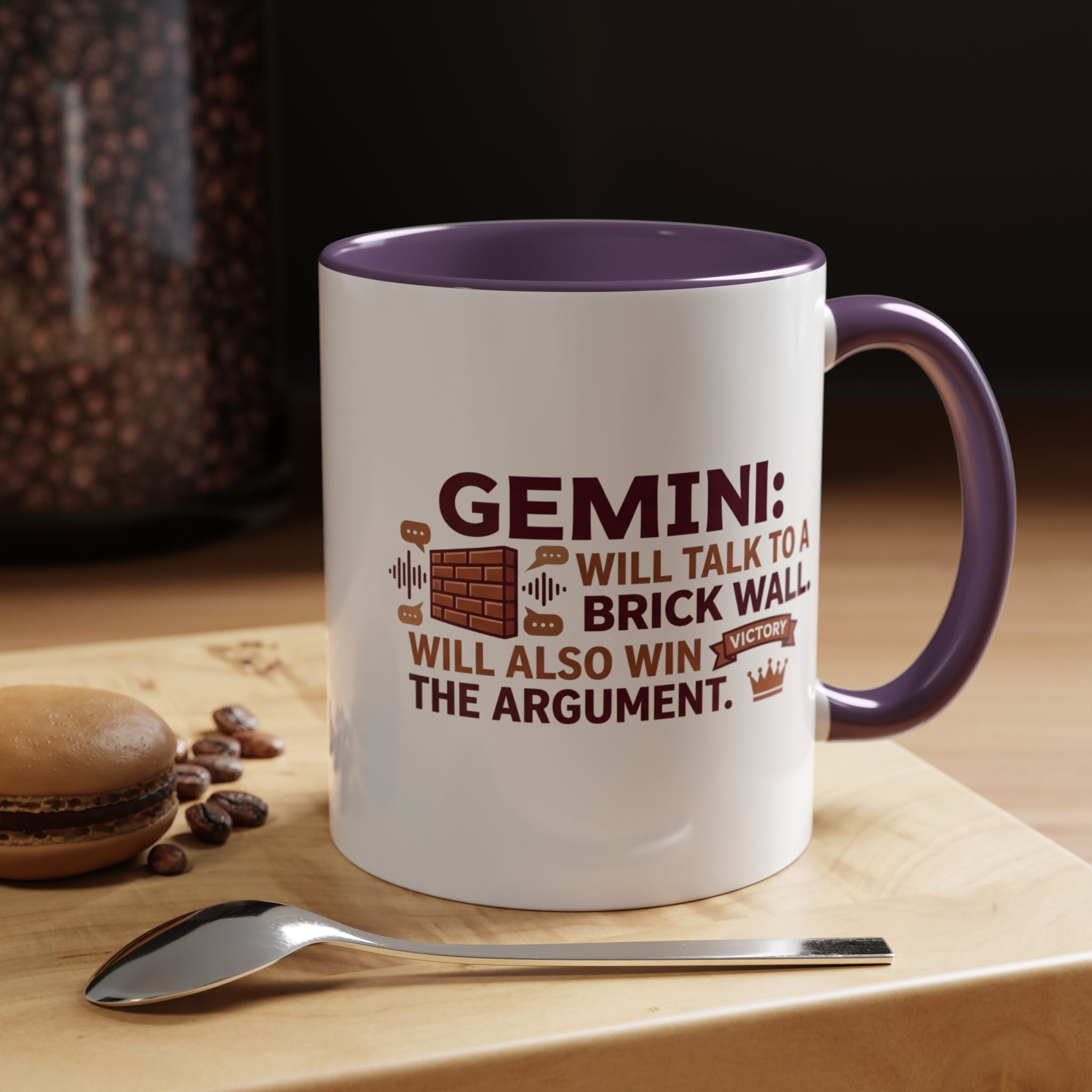 Gemini Coffee Mug — “Gemini: Will Talk to a Brick Wall, Will Also Win the Argument” Accent Mug