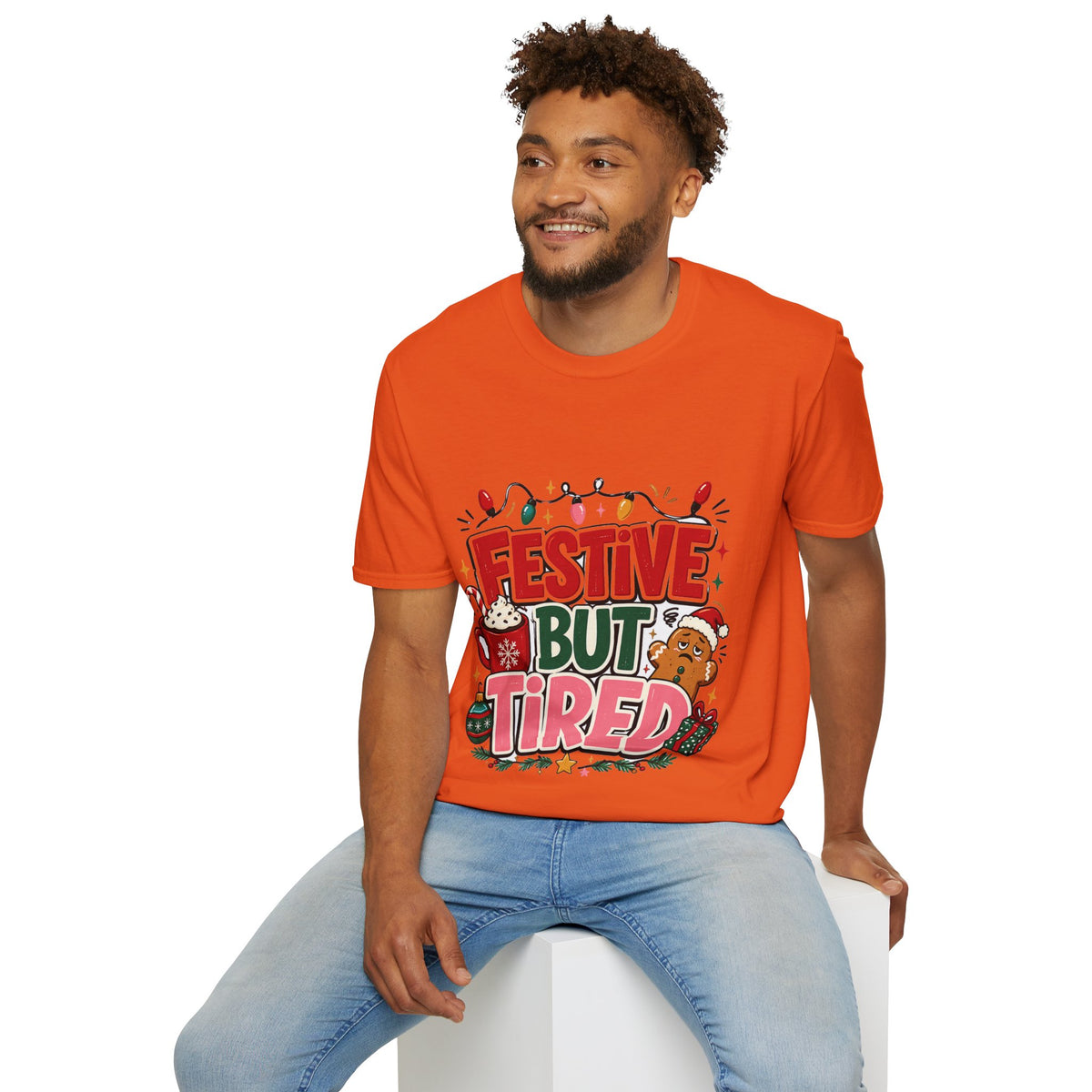 Festive But Tired T-Shirt — Holiday Christmas Crew Tee with Lights & Gingerbread