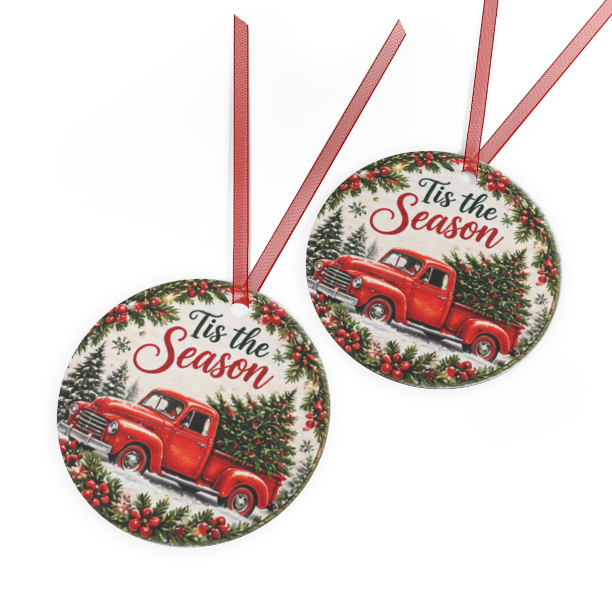Tis the Season Red Truck Metal Ornament – Retro Christmas Tree Holiday Decoration