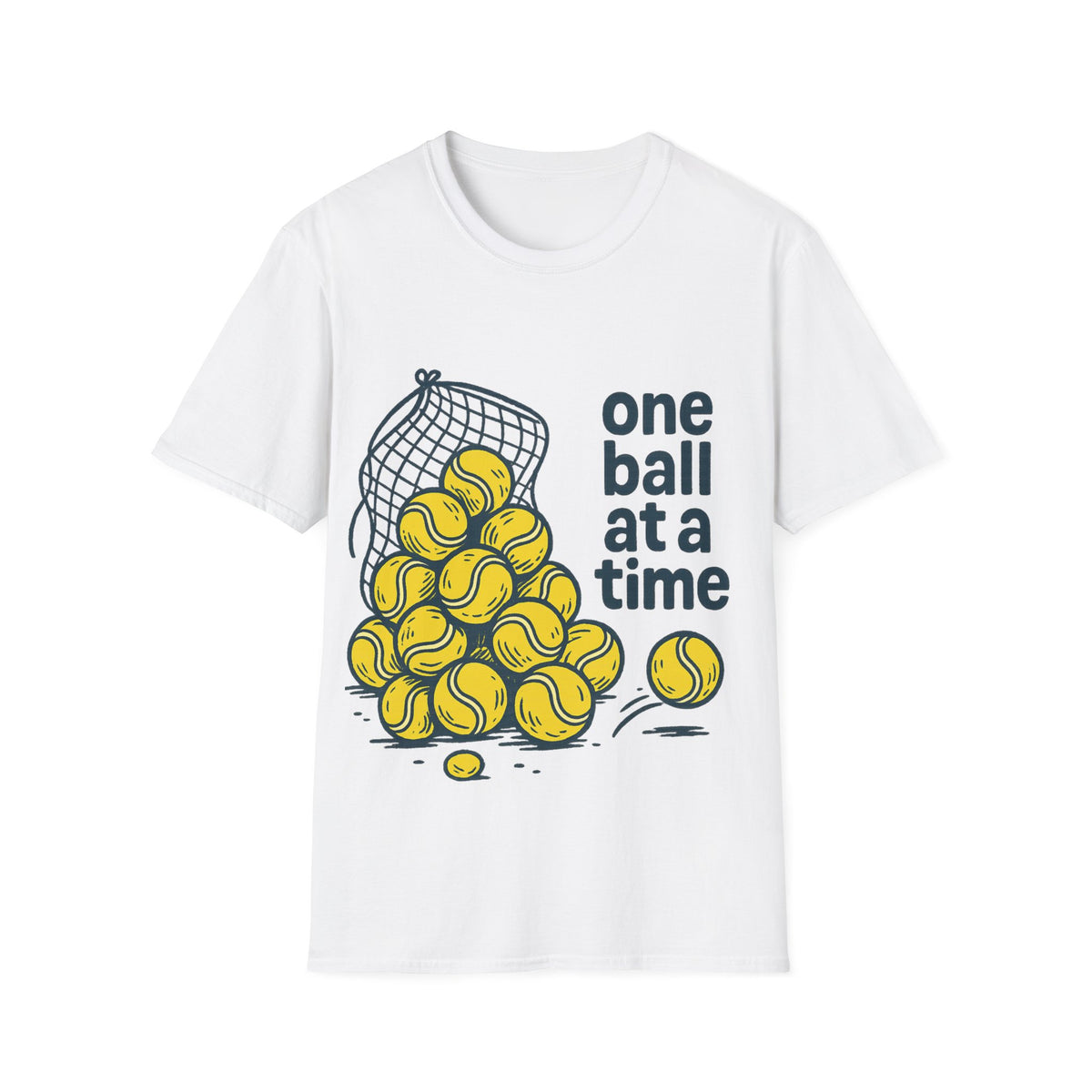 "One Ball At A Time" Retro Tennis Ball Basket Tee - Aesthetic Mindfulness Sports White T-Shirt - Trending Now - September 2026