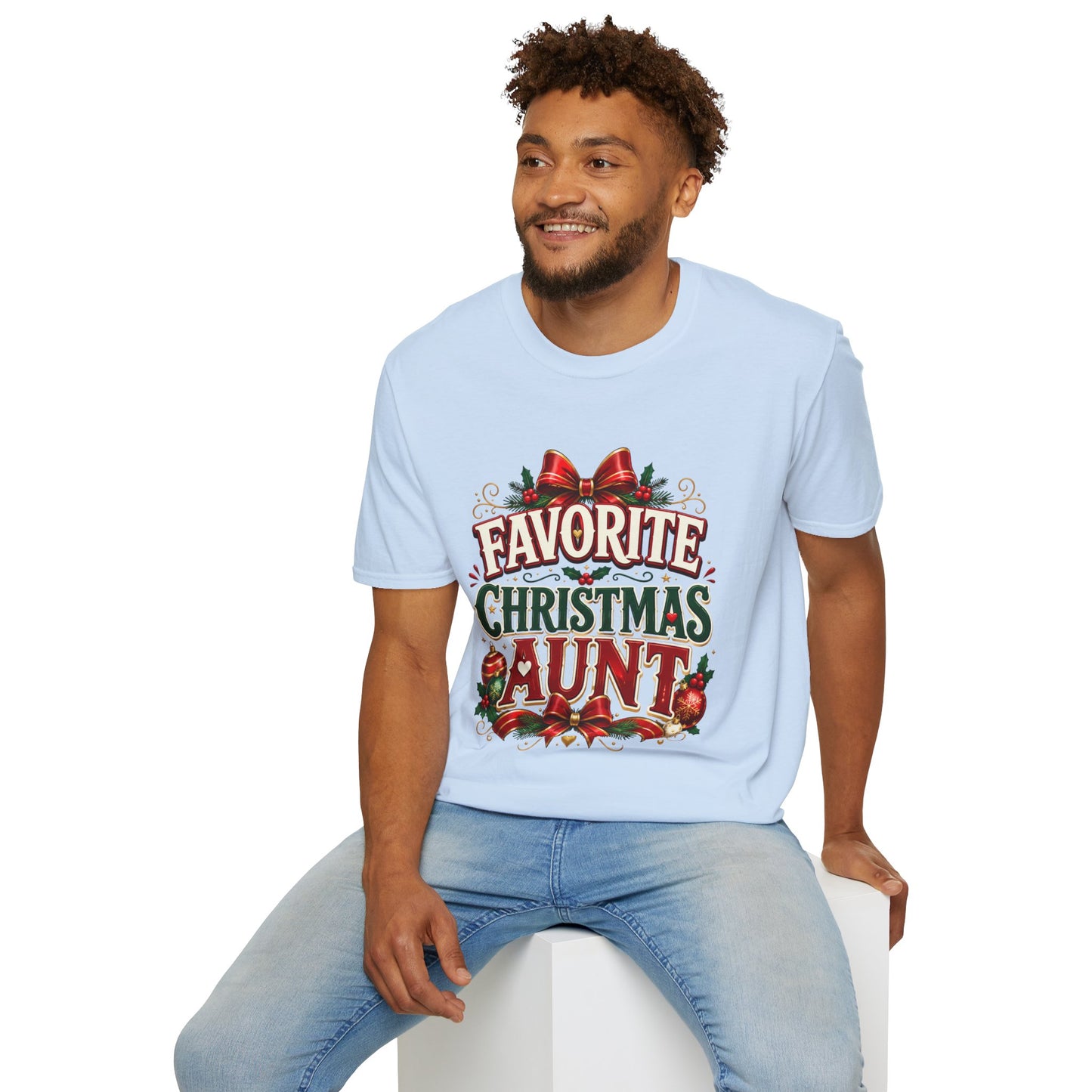 Favorite Christmas Aunt T-Shirt — Festive Holiday Auntie Tee with Bow & Holly
