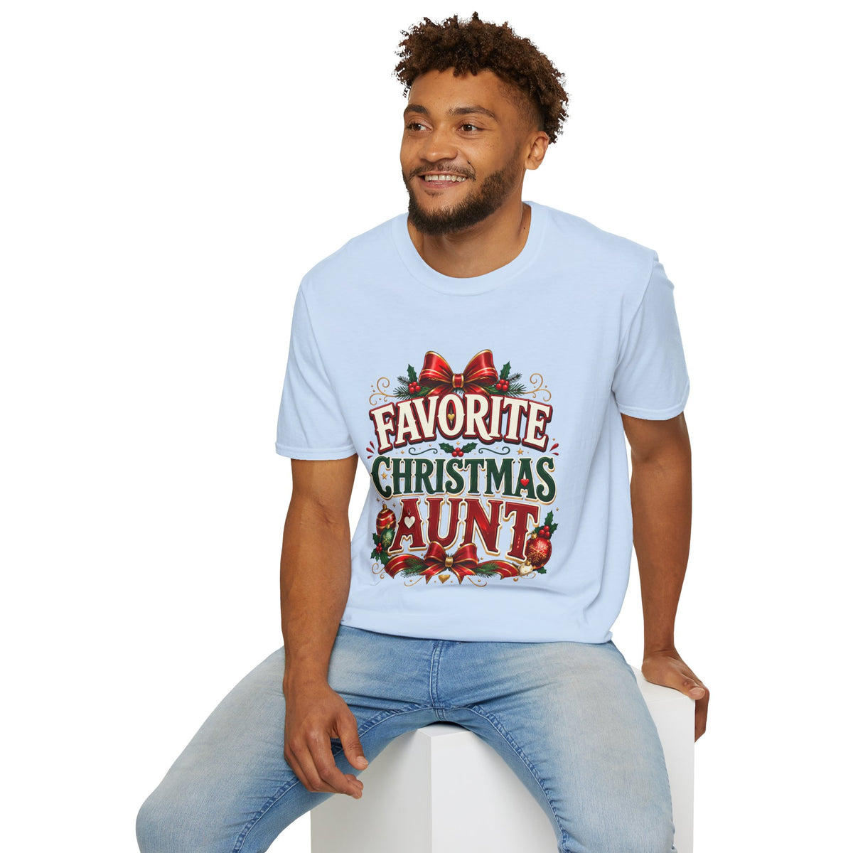 Favorite Christmas Aunt T-Shirt — Festive Holiday Auntie Tee with Bow & Holly