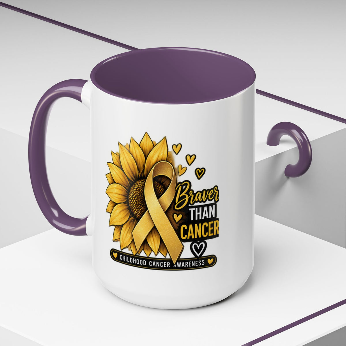 Childhood Cancer Awareness Mug — "Braver Than Cancer" Sunflower & Gold Ribbon