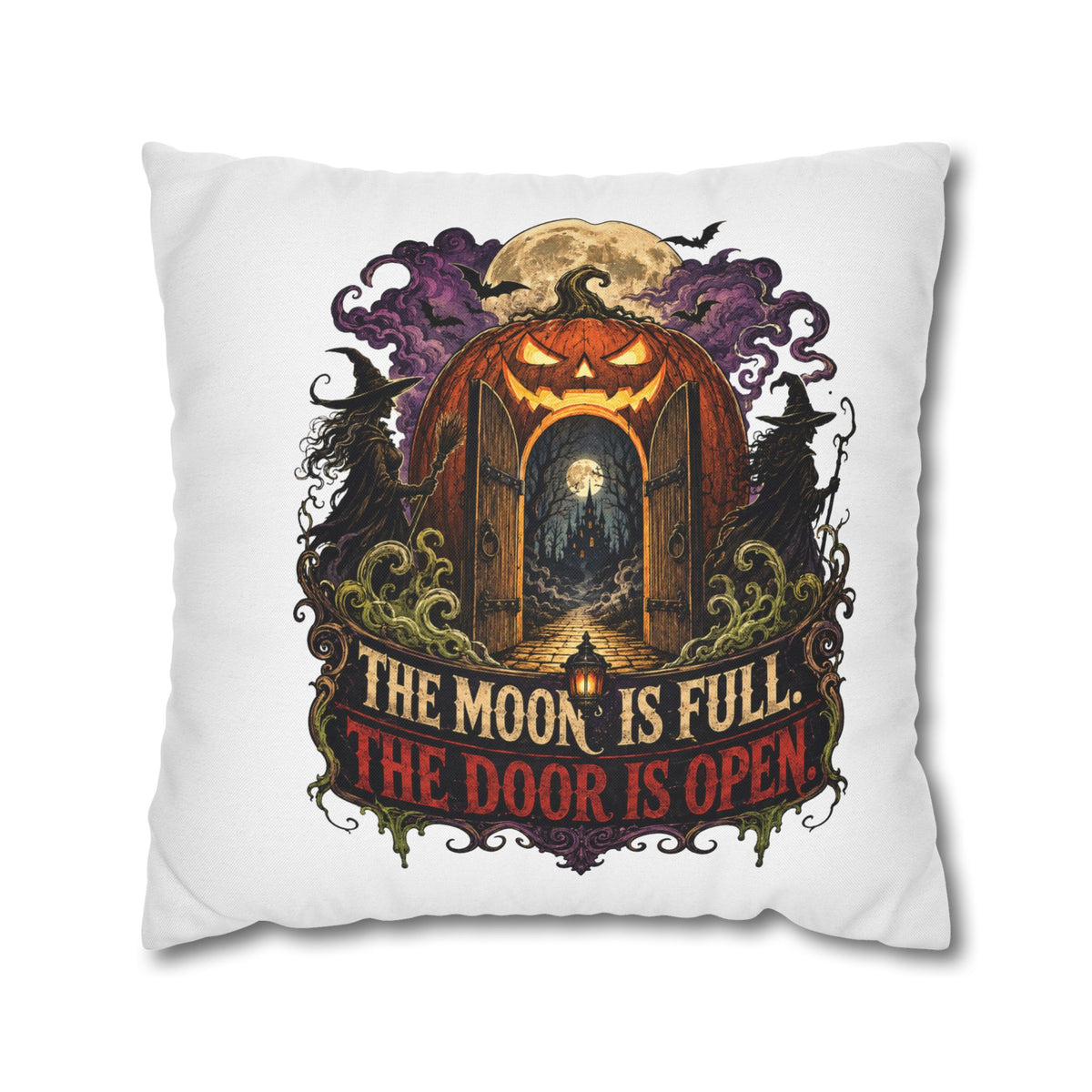 Halloween Pumpkin Door Pillowcase - "The Moon Is Full, The Door Is Open" Spun Polyester Throw Pillow