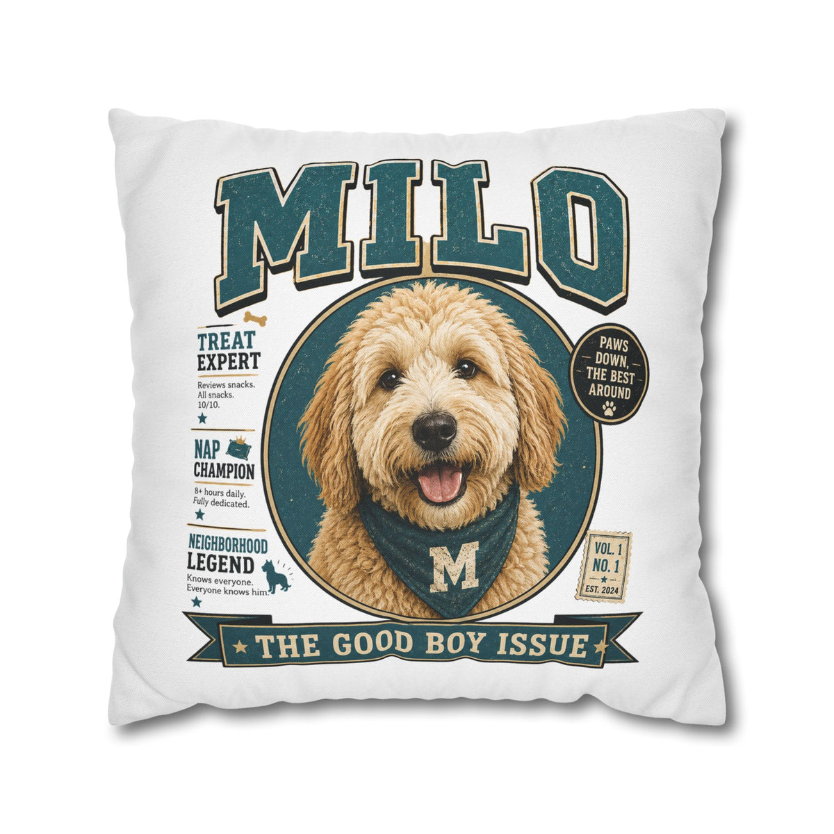 Milo 'The Good Boy Issue' Decorative Pillowcase – Personalized Dog Portrait Accent Pillowcase Milo Bailey Dog Dad Mom