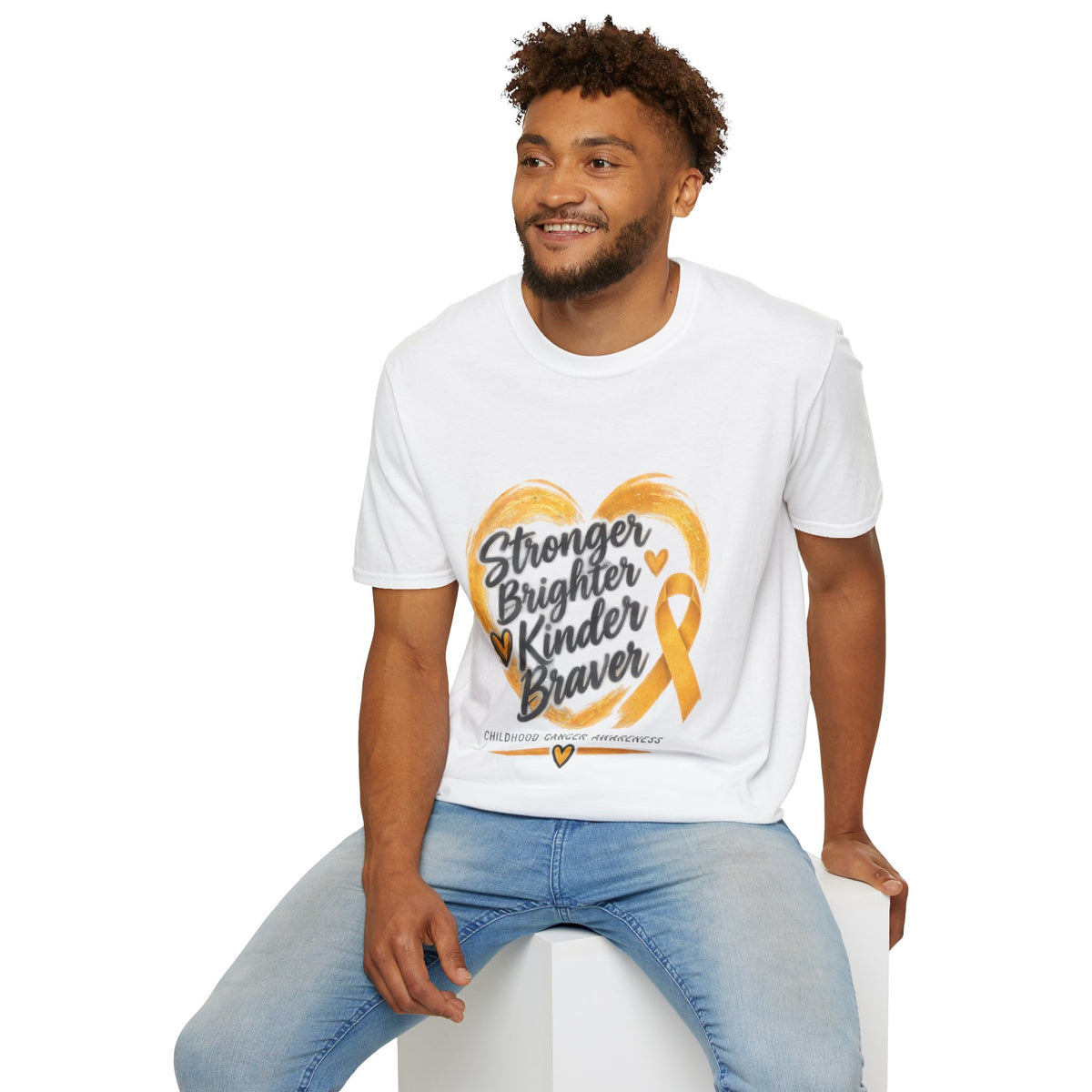 Childhood Cancer Awareness T-Shirt — "Stronger Brighter Kinder Braver" Gold Ribbon