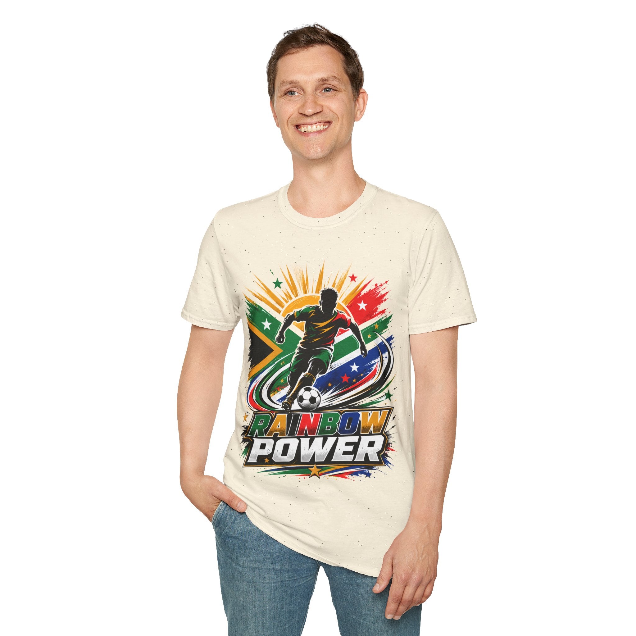 South Africa Soccer Rainbow Power T-Shirt — Colorful Football Player Graphic Tee