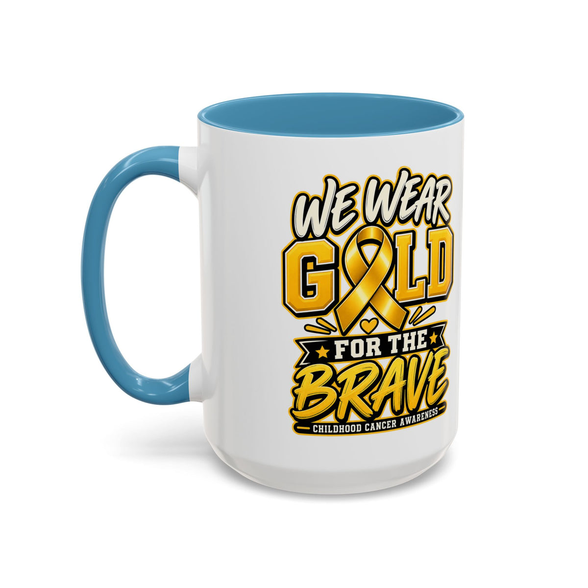 Childhood Cancer Awareness Accent Coffee Mug – "We Wear Gold for the Brave" (11/15 oz)