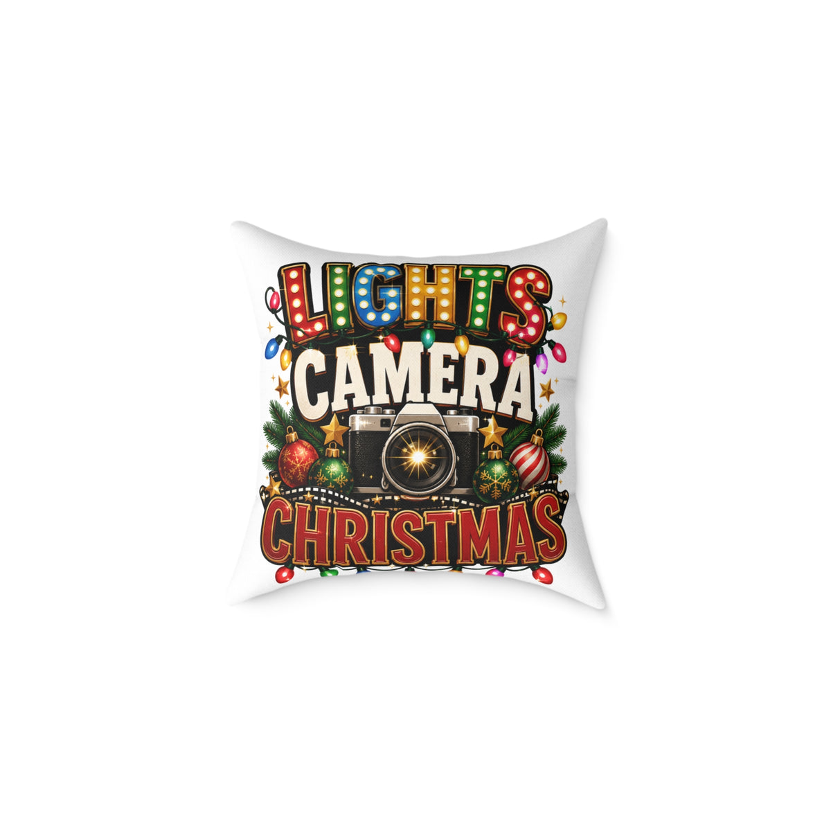 Christmas Photo Pillow - "Lights Camera Christmas" Decorative Square Throw Pillow