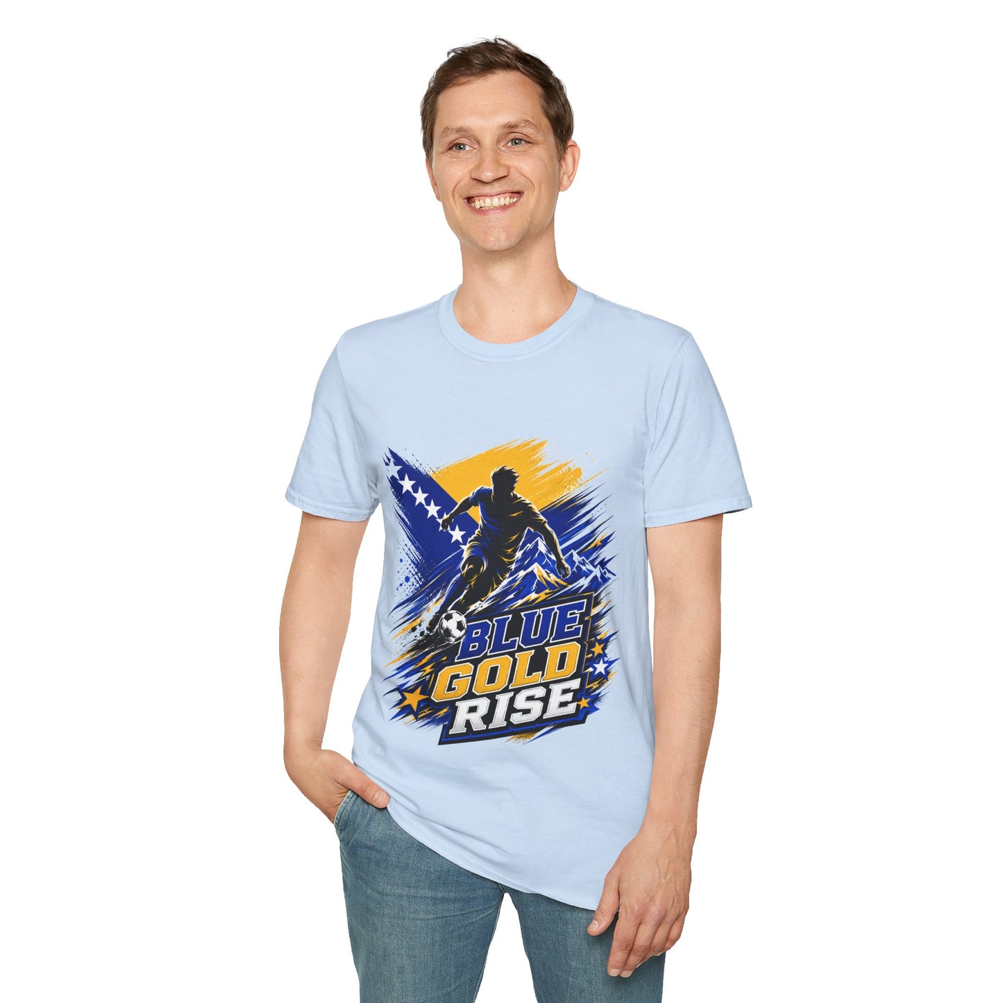 Bosnia Football T‑Shirt - "Blue Gold Rise" Soccer Graphic Tee