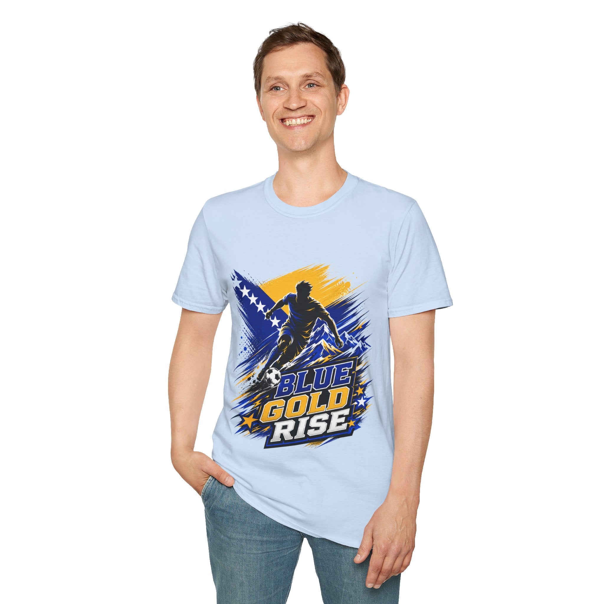Bosnia Football T‑Shirt - "Blue Gold Rise" Soccer Graphic Tee