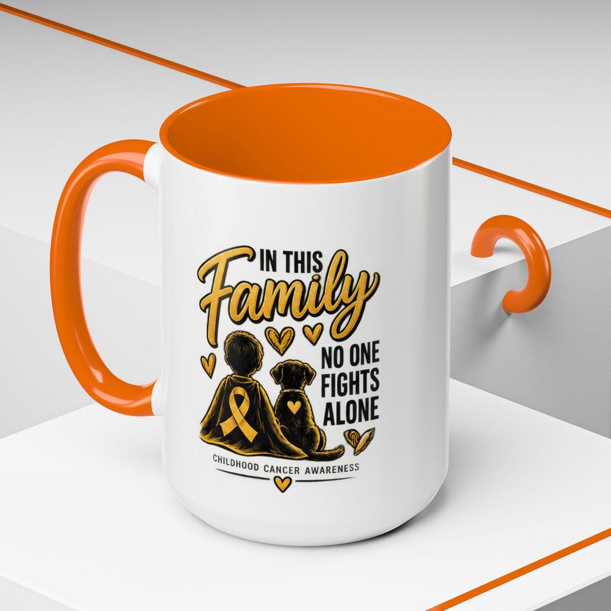Childhood Cancer Awareness Coffee Mug — "In This Family No One Fights Alone"