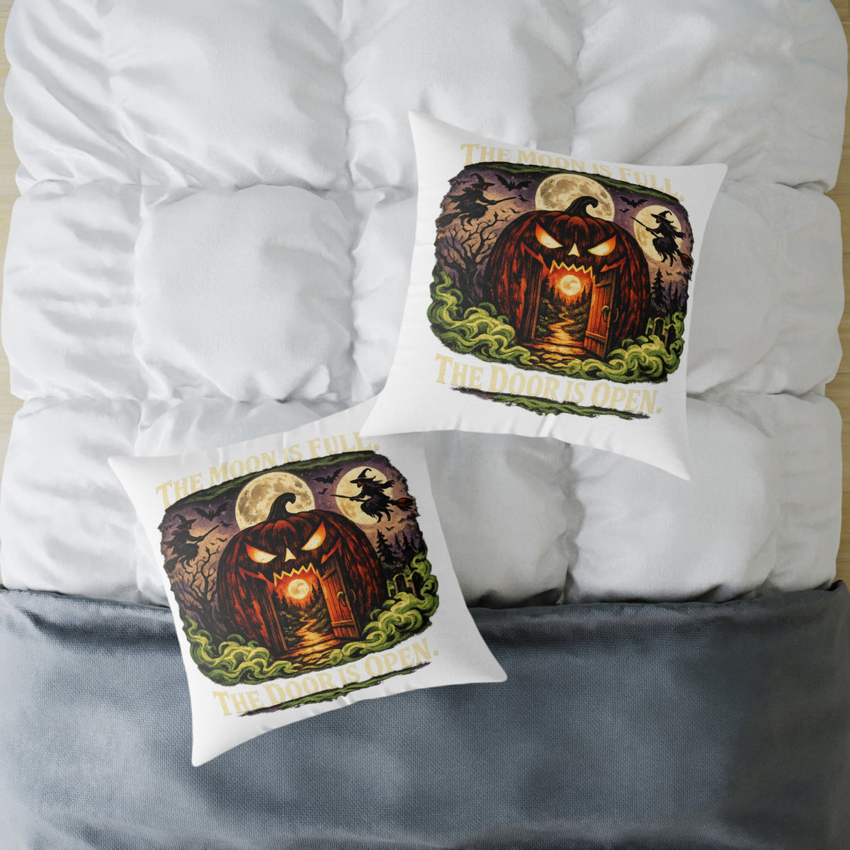 Halloween Pumpkin Doorway Square Pillow — Spooky Haunted House Decorative Throw Pillow