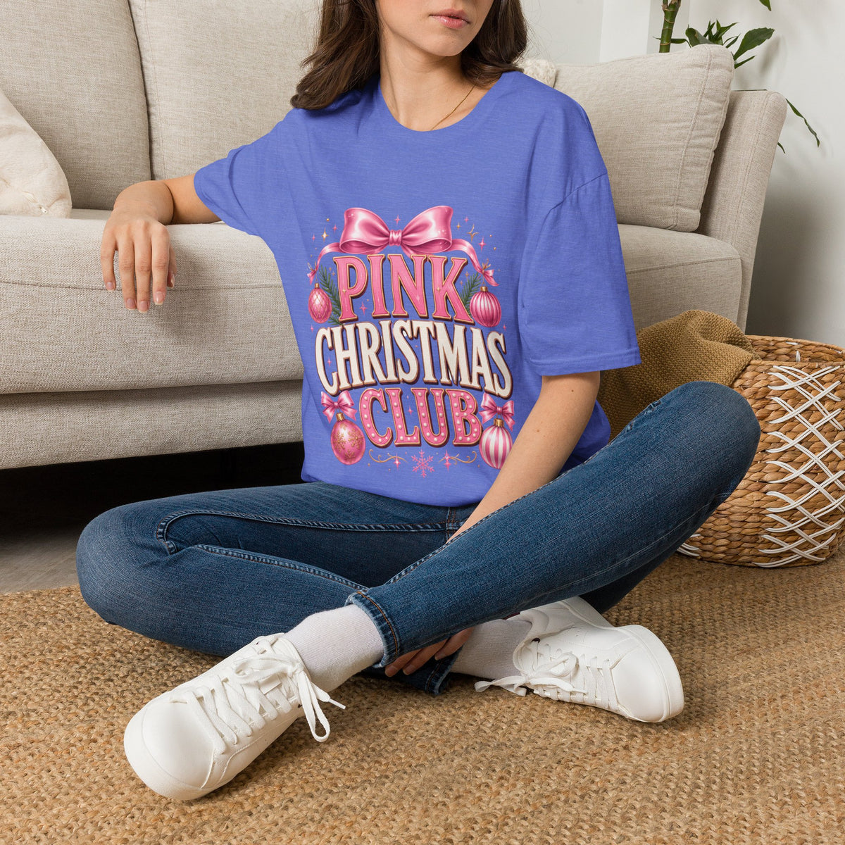 Pink Christmas Club T-Shirt — Womens Festive Holiday Tee with Bow & Ornaments