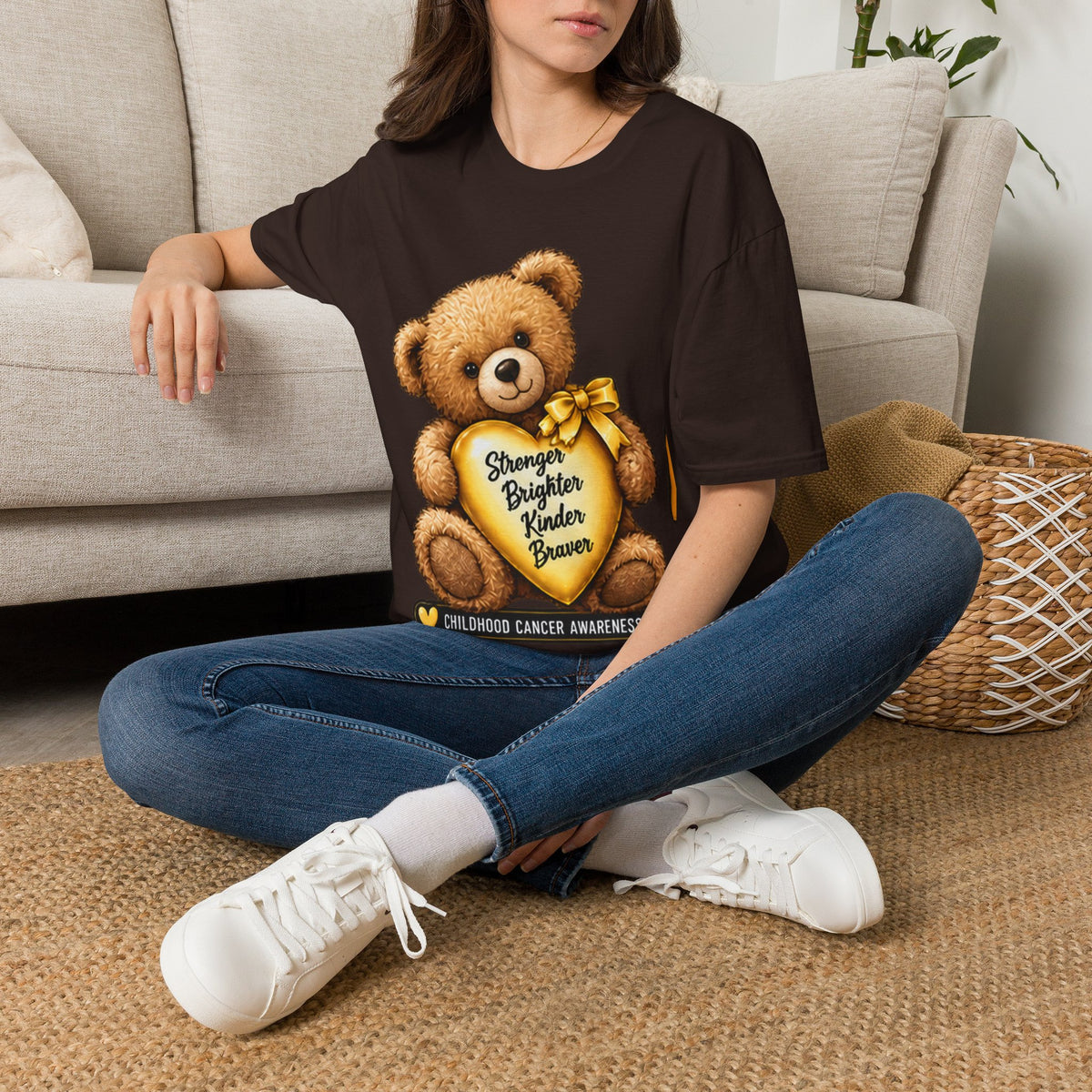 Childhood Cancer Awareness Teddy T-Shirt — "Stronger Brighter Kinder Braver"