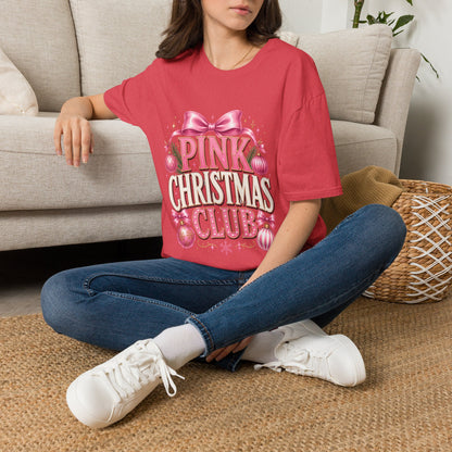 Pink Christmas Club T-Shirt — Womens Festive Holiday Tee with Bow & Ornaments