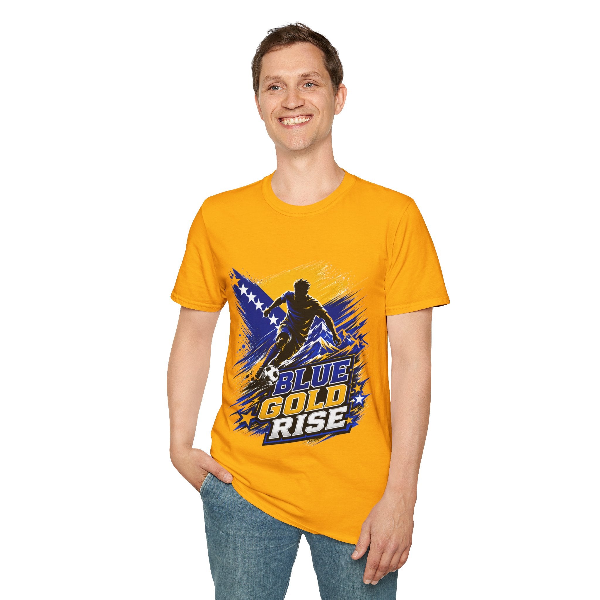 Bosnia Football T‑Shirt - "Blue Gold Rise" Soccer Graphic Tee