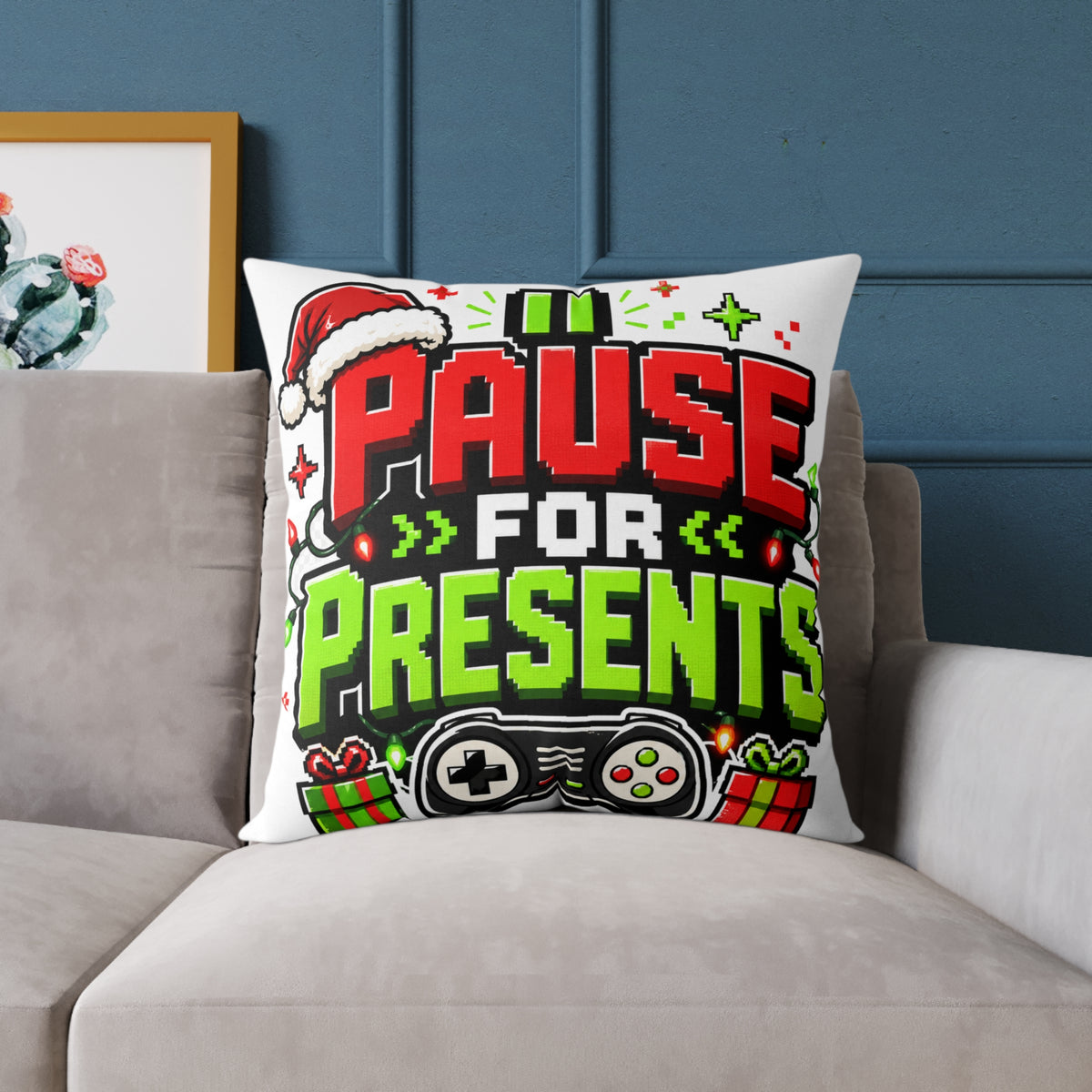Modern Day Christmas Holiday Gamer Pillow — "Pause for Presents" Christmas Gaming Throw Pillow