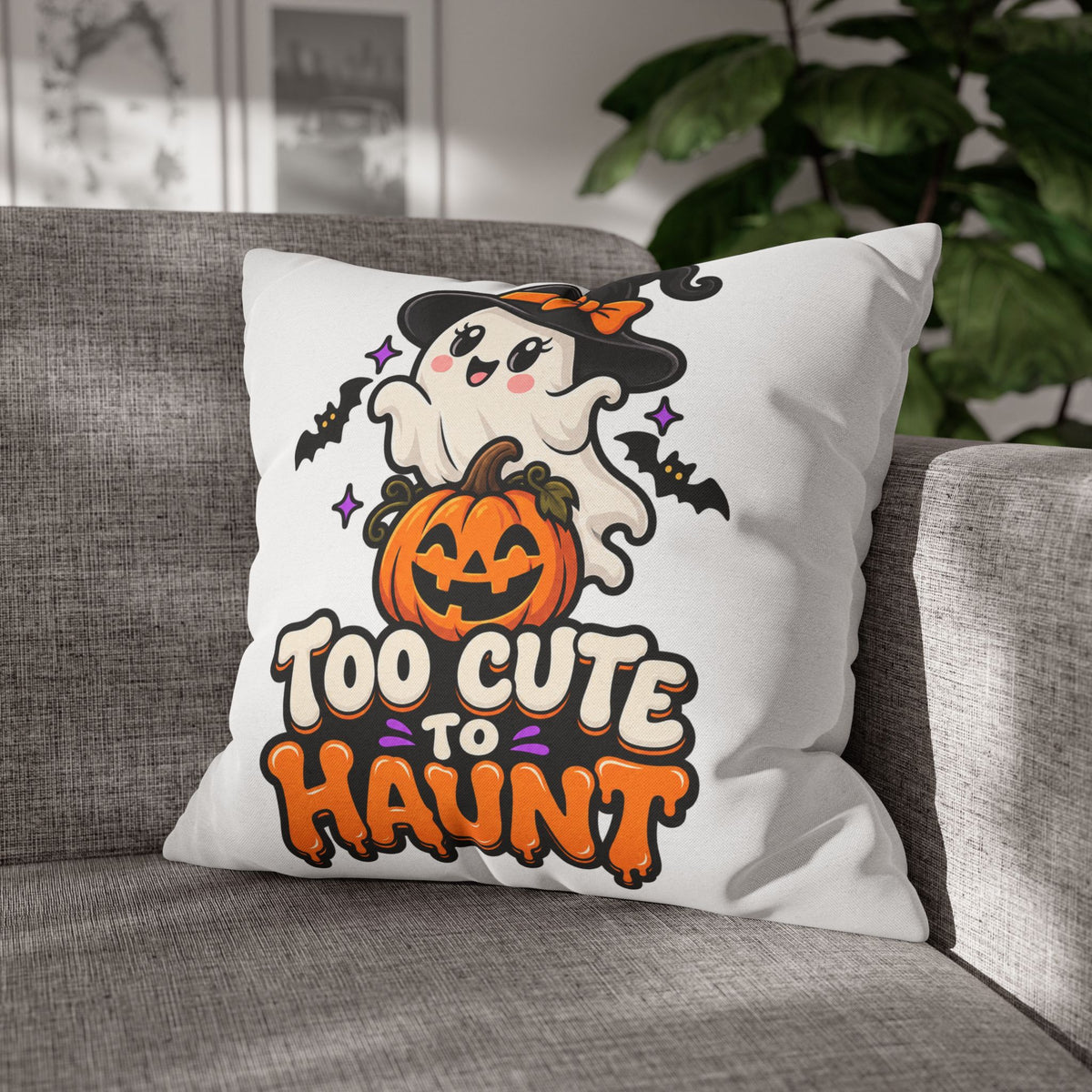 Halloween Pillowcase — "Too Cute to Haunt" Ghost Pumpkin Decorative Pillow Cover