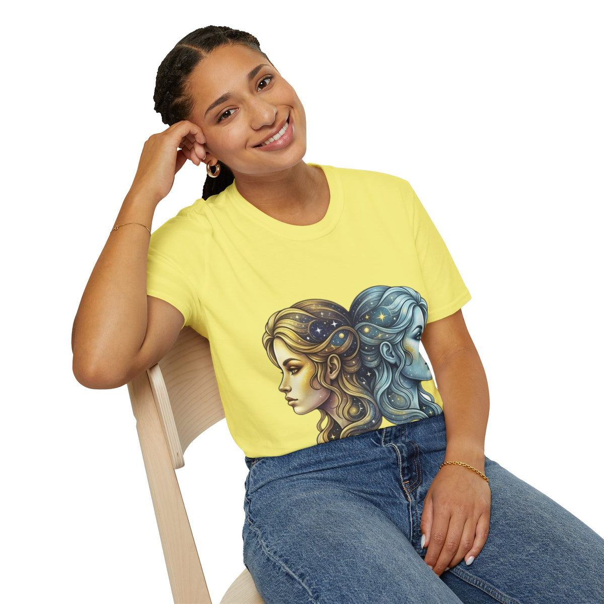Zodiac Gemini Sun & Moon T-Shirt — Dual Faces Cosmic Design