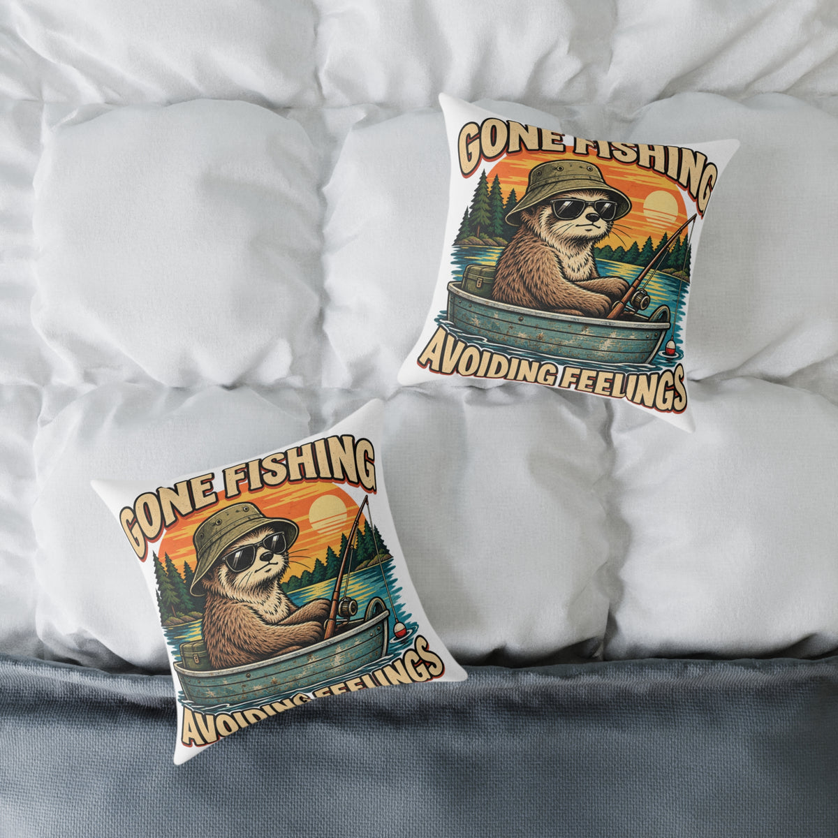 Gone Fishing Pillow —Funny  'Gone Fishing, Avoiding Feelings' Sloth Fishing Decorative Throw Pillow