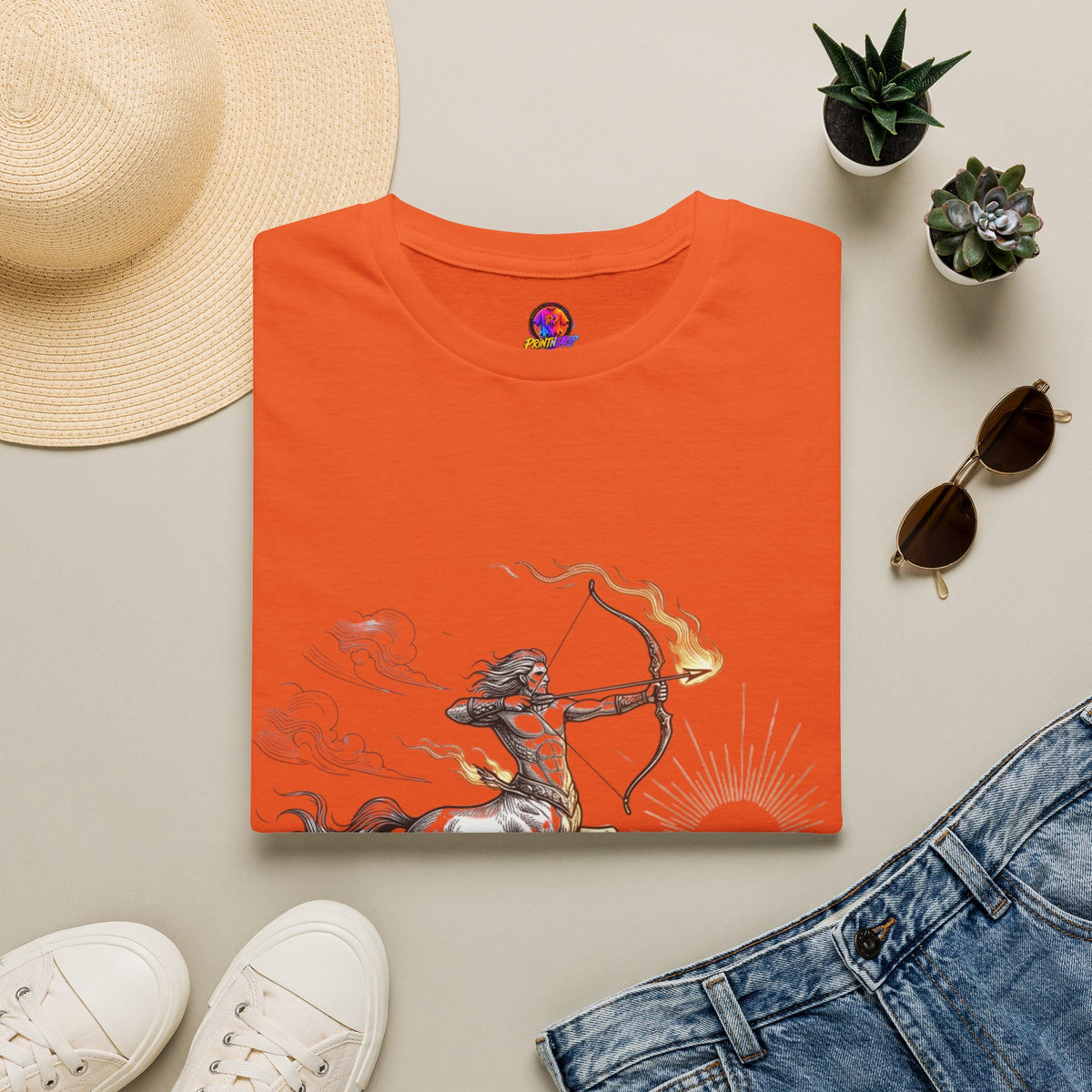 Sagittarius Centaur Archer T-Shirt — Mythical Archer Graphic Tee (Flaming Bow)
