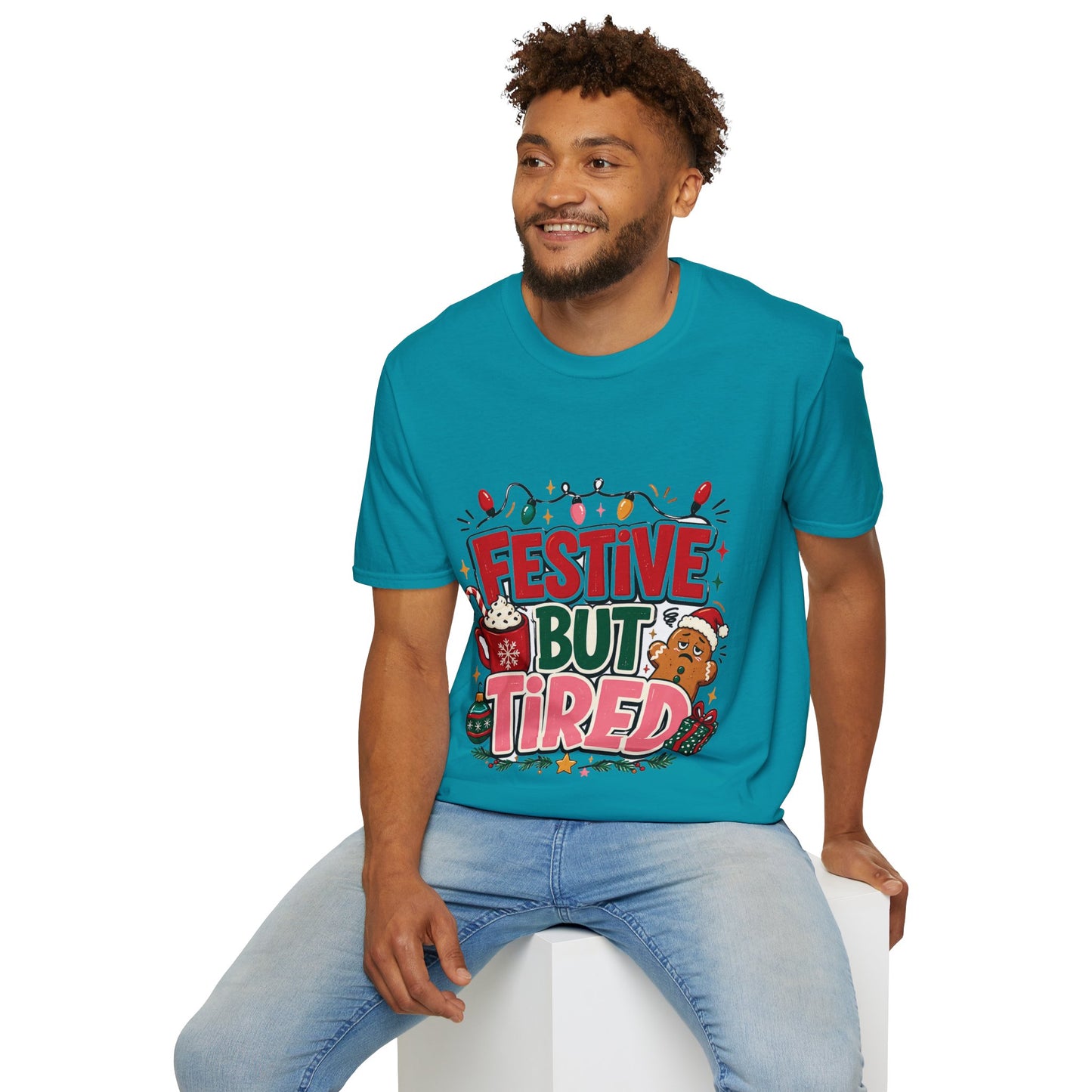 Festive But Tired T-Shirt — Holiday Christmas Crew Tee with Lights & Gingerbread
