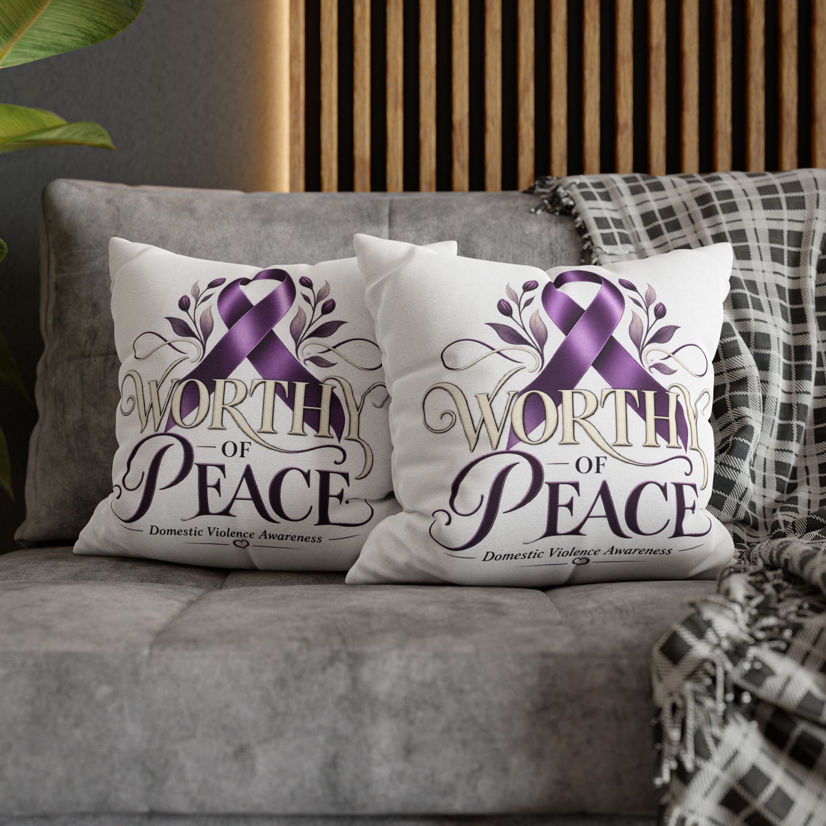 Worthy of Peace Purple Ribbon Pillowcase — Domestic Violence Awareness Throw Pillow