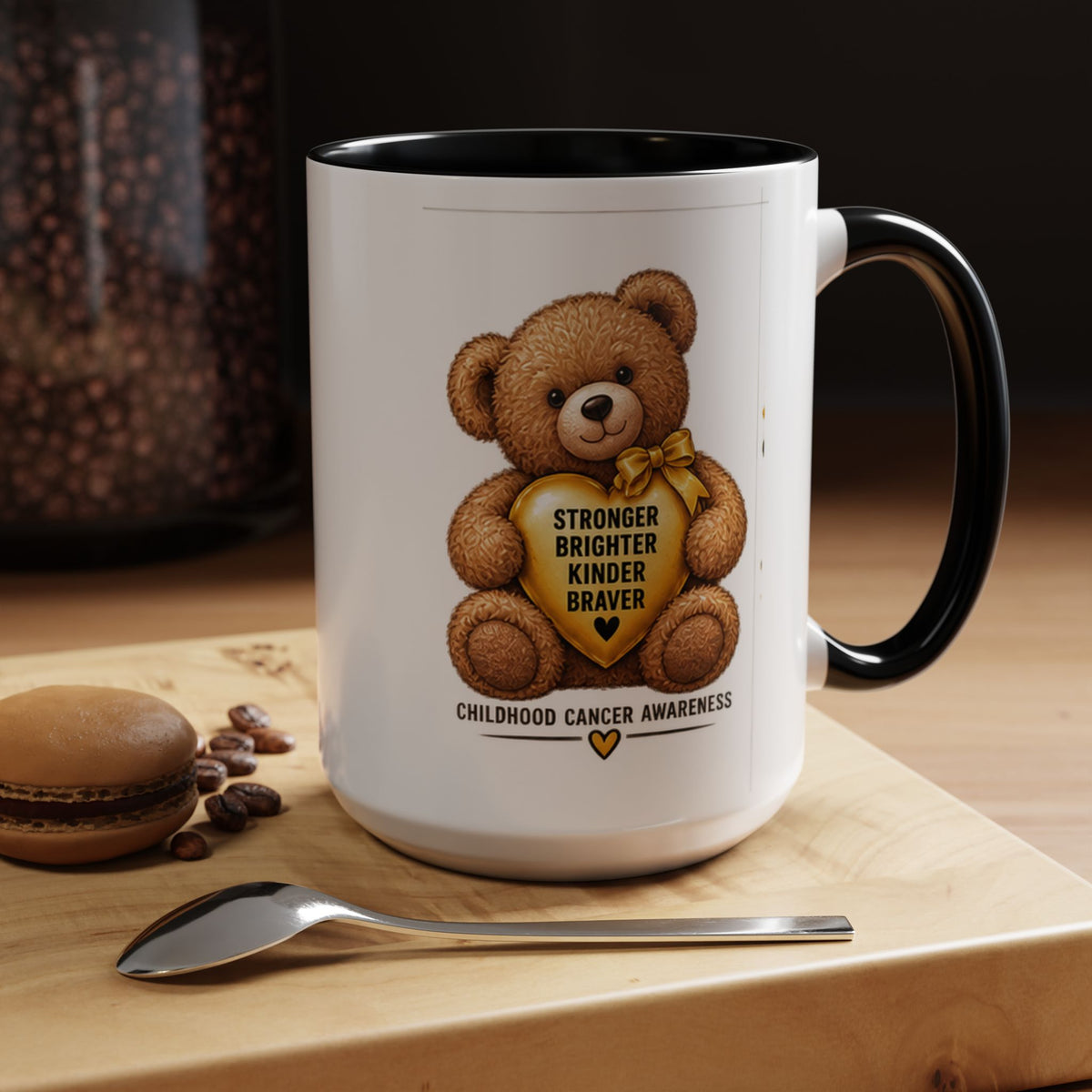 Childhood Cancer Awareness Coffee Mug — 'Stronger Brighter Kinder Braver' Teddy