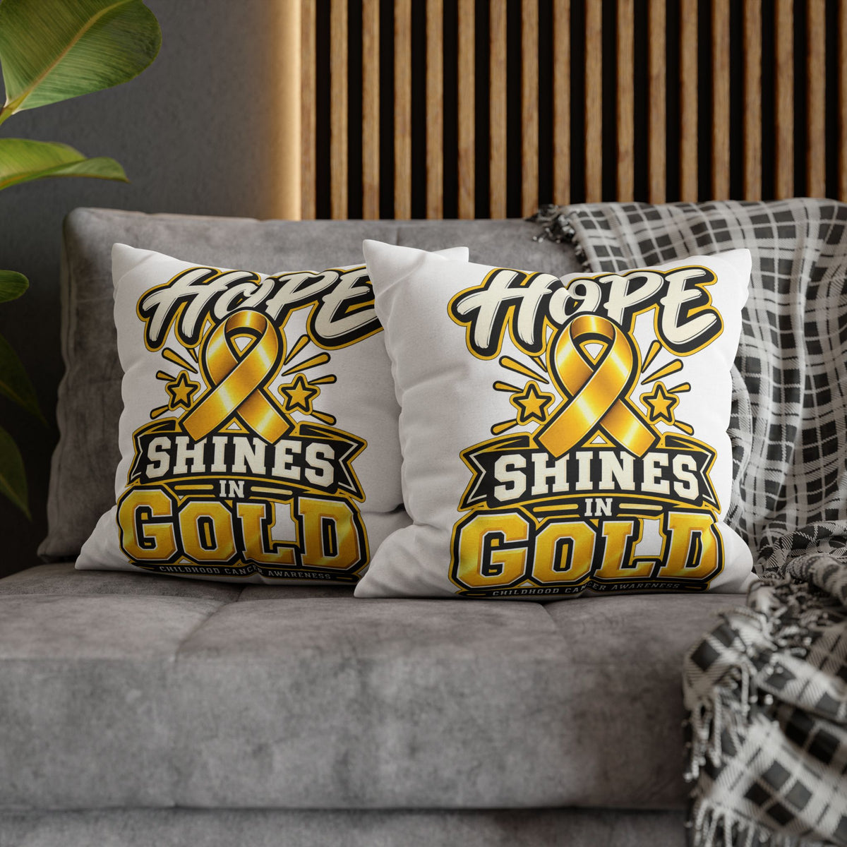 Hope Shines in Gold Pillowcase — Childhood Cancer Awareness Ribbon Decorative Pillow