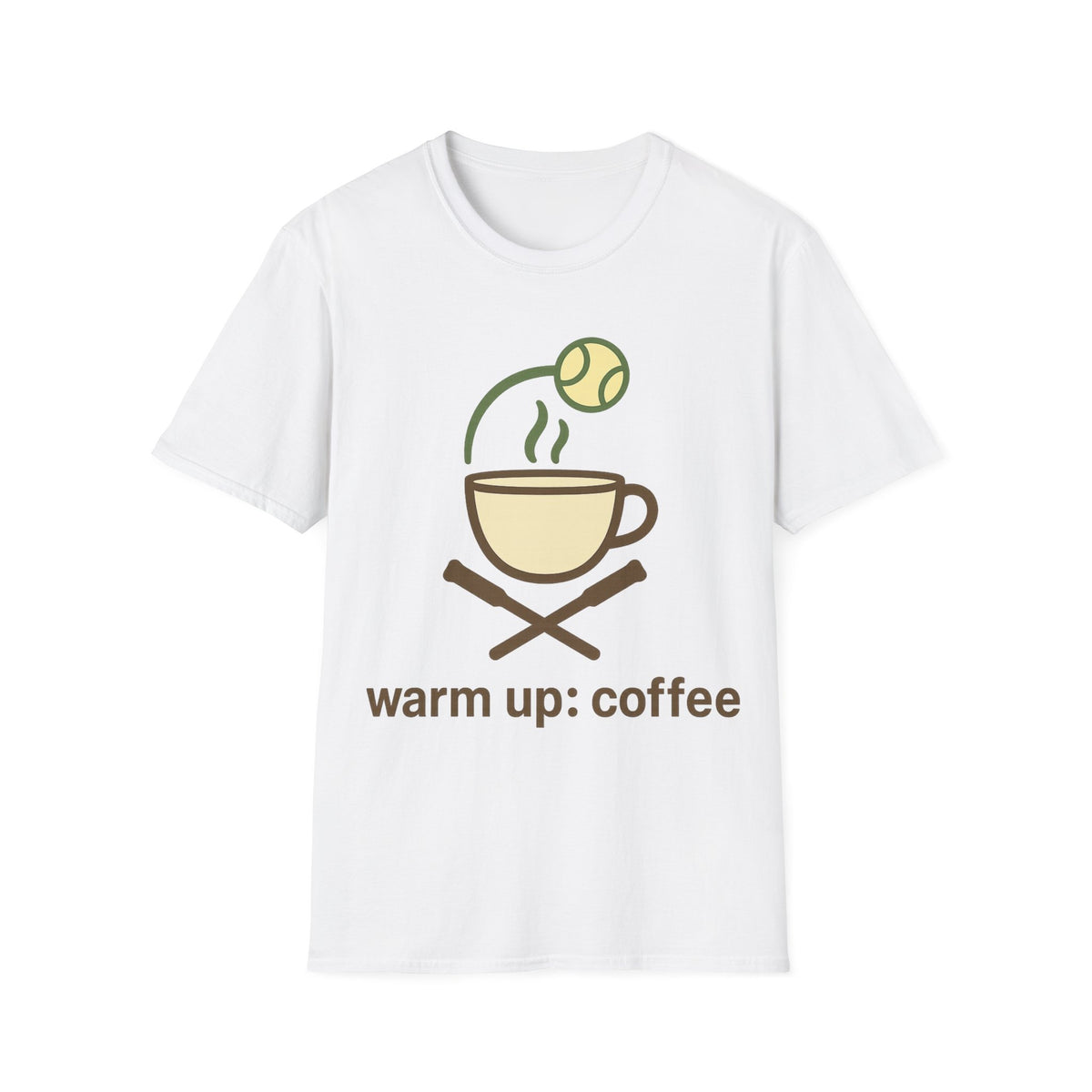 "Warm Up: Coffee" Funny Tennis Coffee Cup Tee - Cute Retro Sports Barista White T-Shirt - Trending Now - September 2026