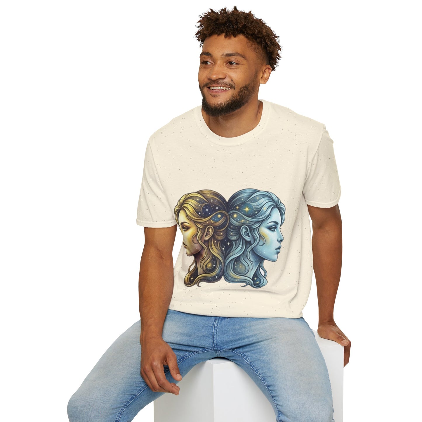 Zodiac Gemini Sun & Moon T-Shirt — Dual Faces Cosmic Design