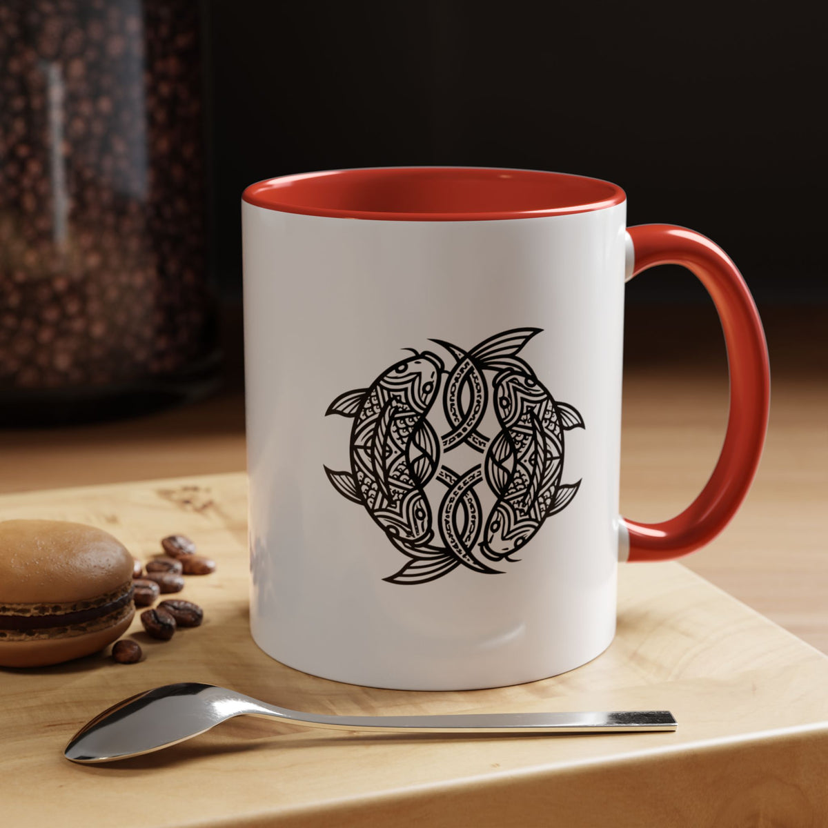 Pisces Zodiac Turtle Mandala Accent Coffee Mug – Black Interior & Handle, Intricate Tribal Sea Turtle Design