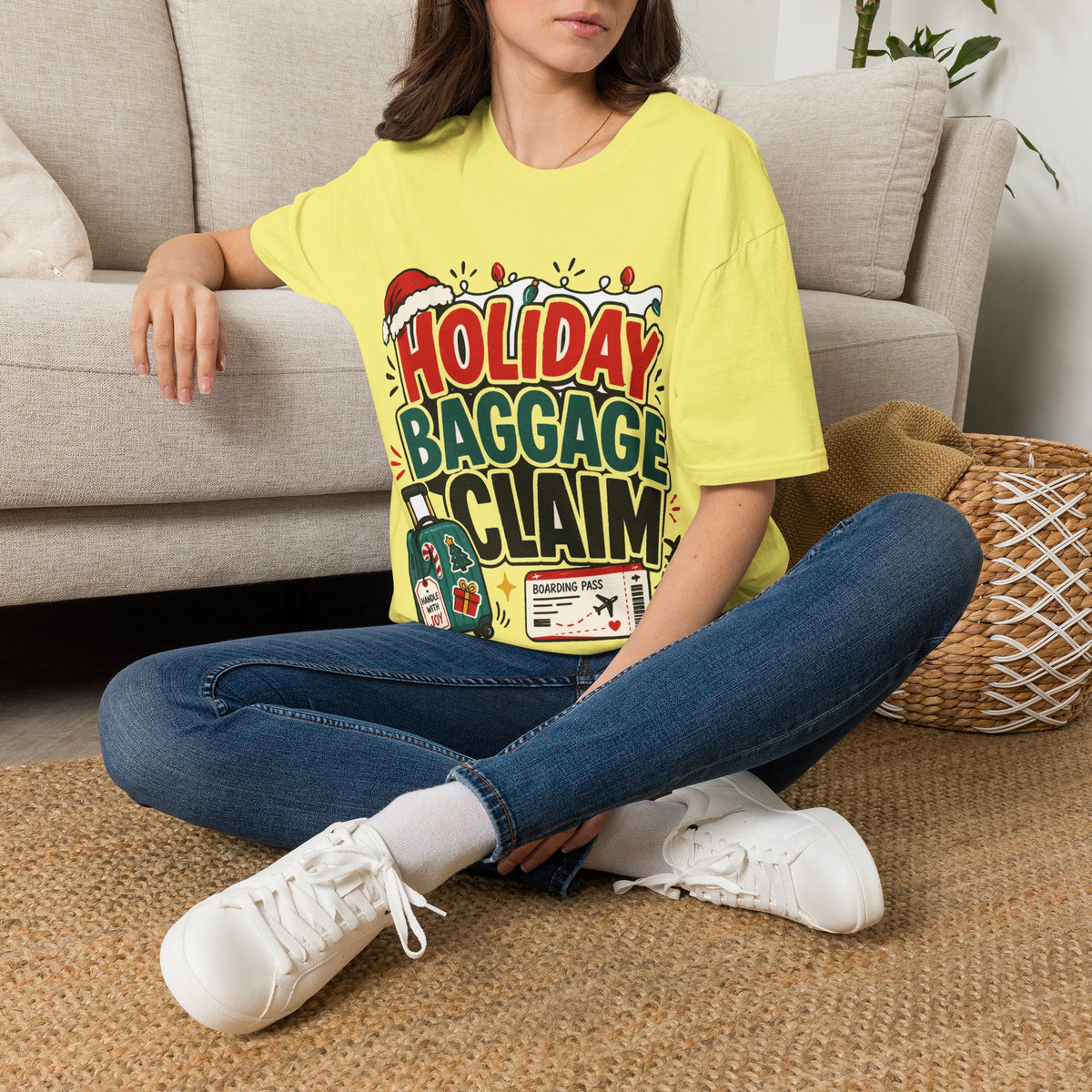 Holiday Baggage Claim T-Shirt — Funny Christmas Vacation Tee with Santa Hat & Lights