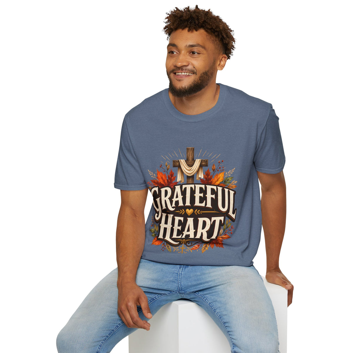 Thanksgiving T-Shirt Grateful Heart T-Shirt — Christian Cross & Autumn Leaves Thanksgiving Tee