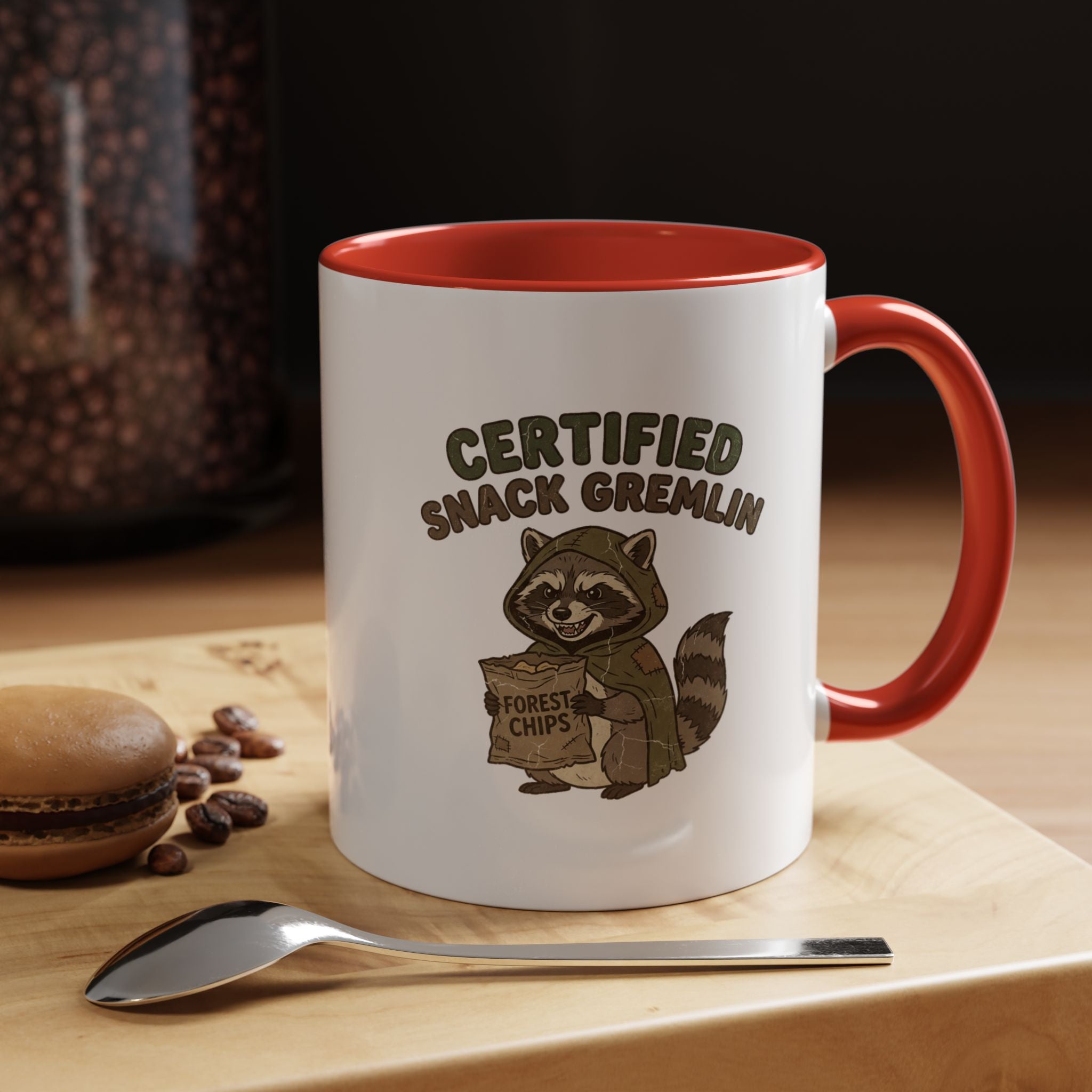 Funny Certified Snack Gremlin Coffee Mug — Cute Raccoon Snack Lover Accent Mug