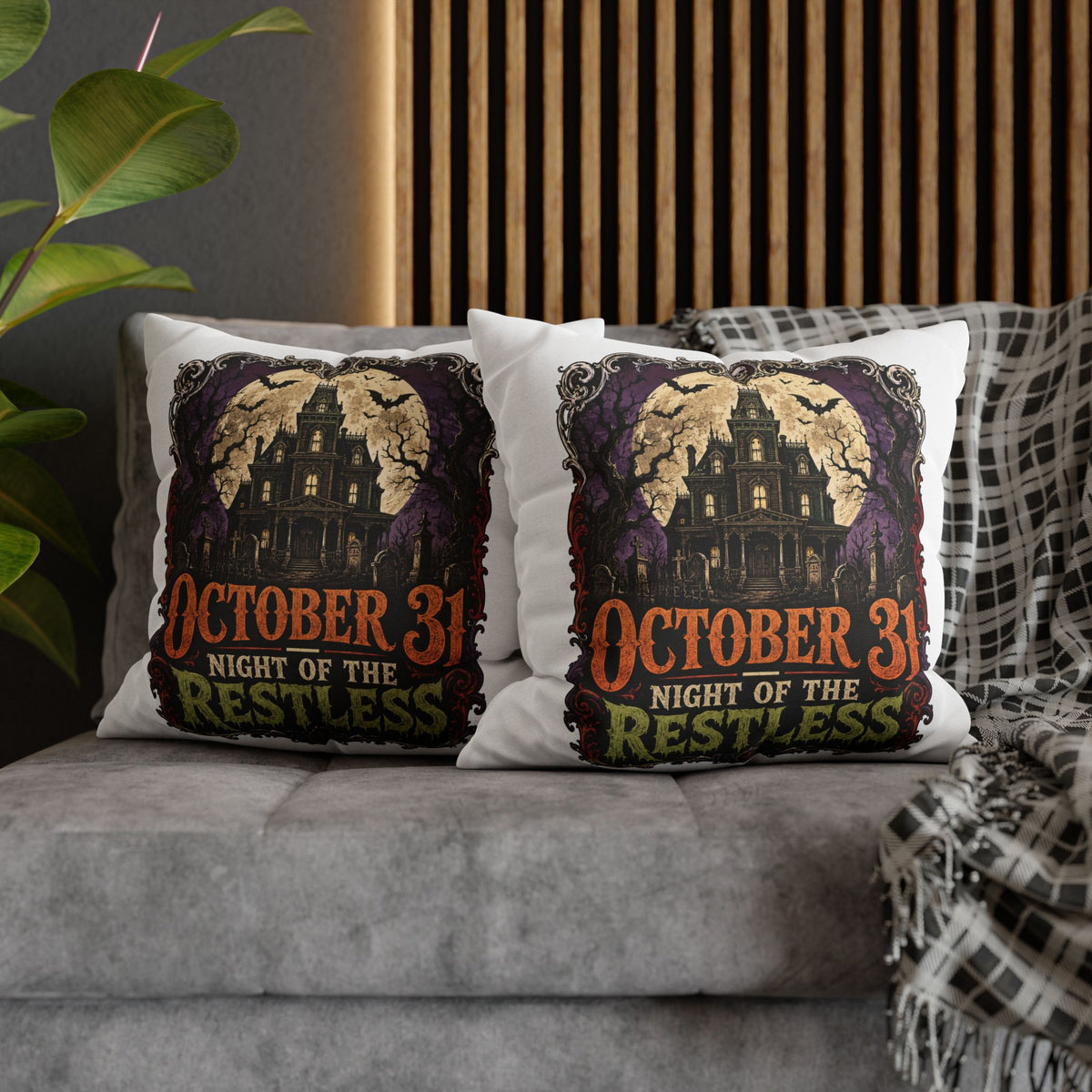 Halloween Pillowcase — "October 31 Night of the Restless" Haunted House Throw Pillow