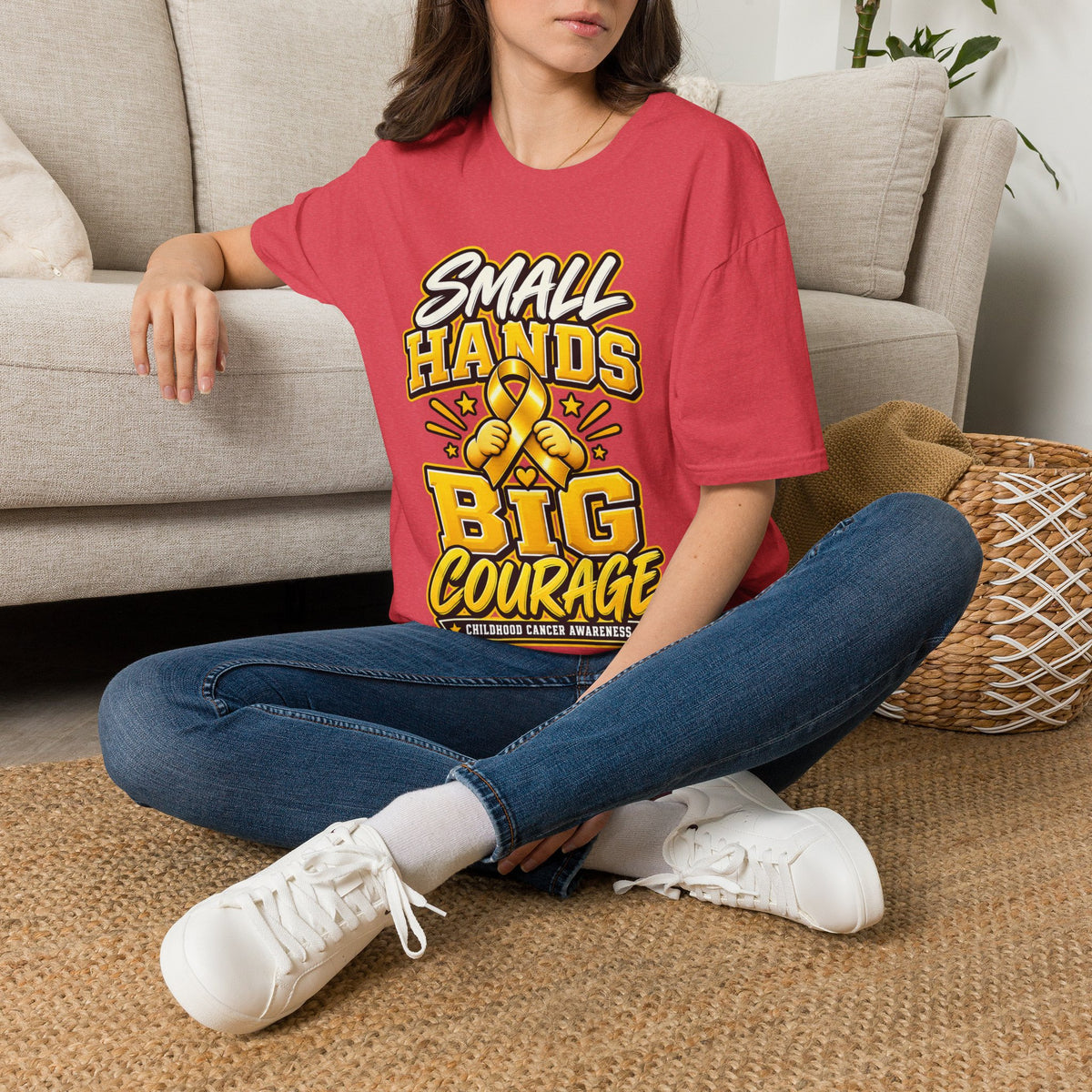 Children's Cancer Awareness T-Shirt — "Small Hands Big Courage" Yellow Ribbon