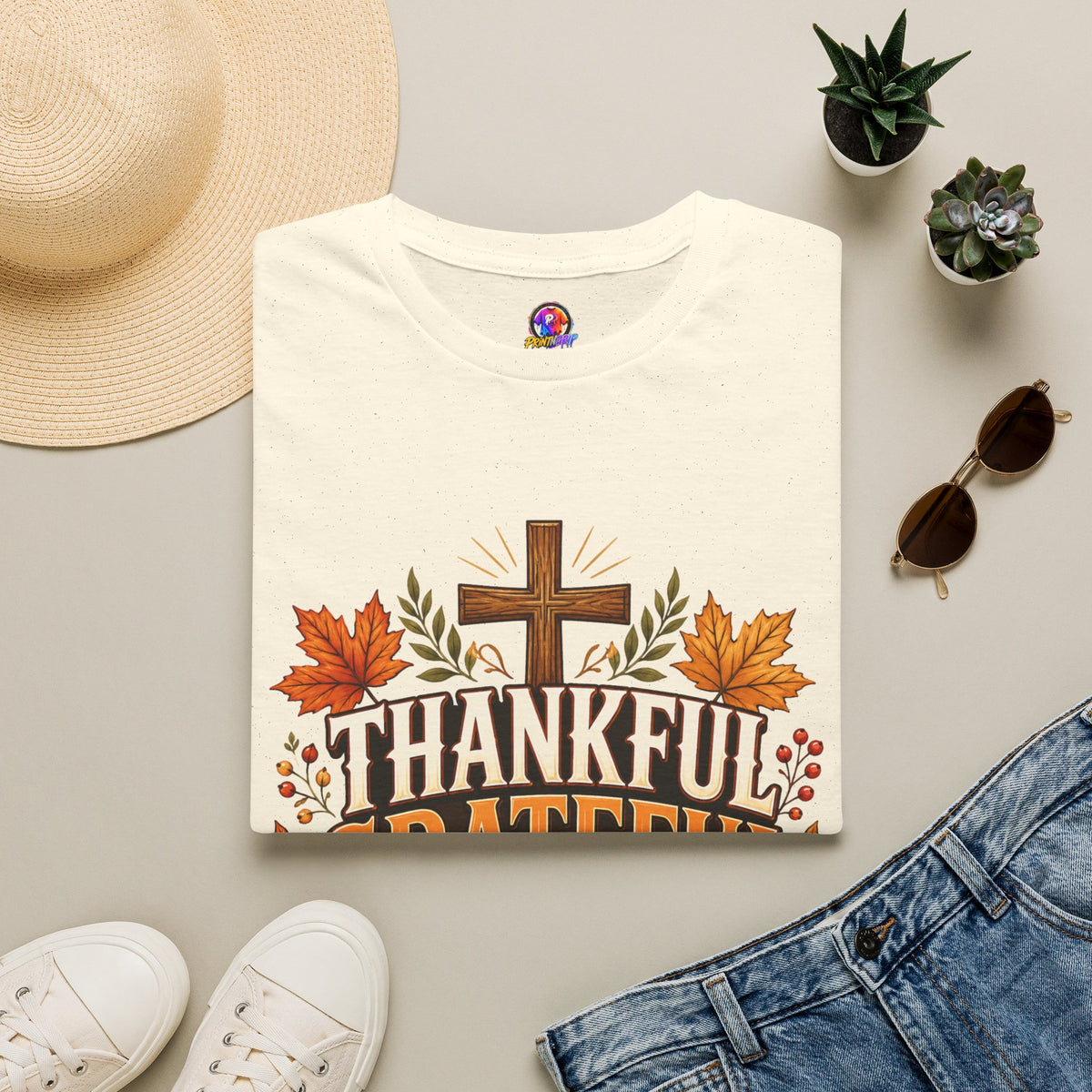 Thanksgiving T-Shirt Thankful Grateful Blessed T-Shirt — Fall Thanksgiving Christian Tee