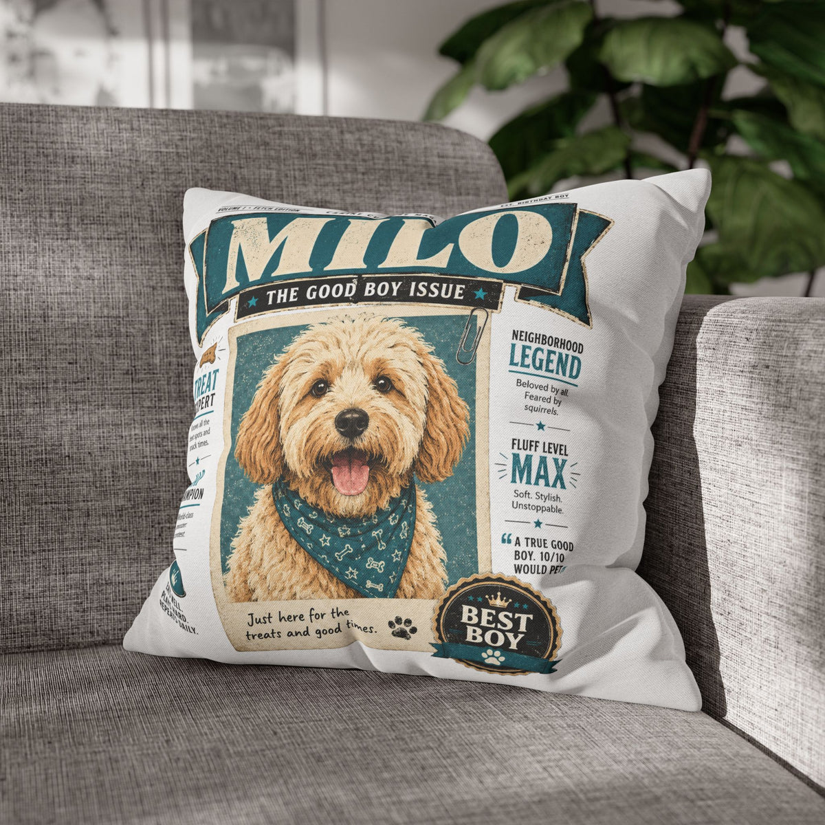 Personalized Dog Pillowcase — "Milo: The Good Boy Issue" Decorative Throw Pillowcase Milo Bailey Dog Dad Mom