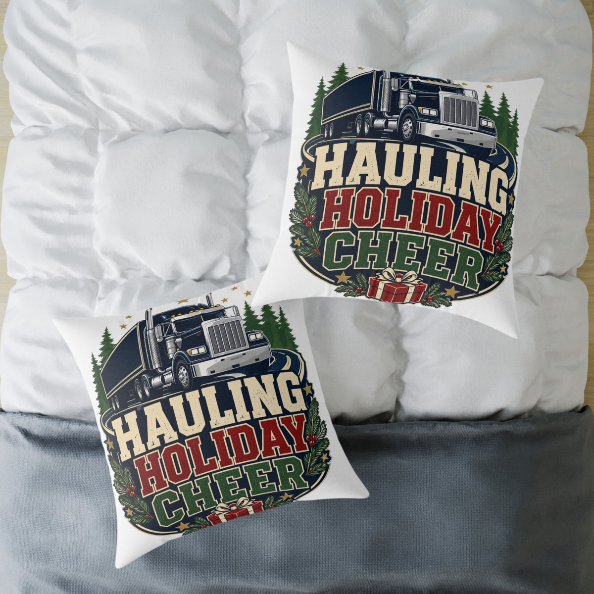 Hauling Holiday Cheer Modern Day Christmas Square Poly Canvas Pillow