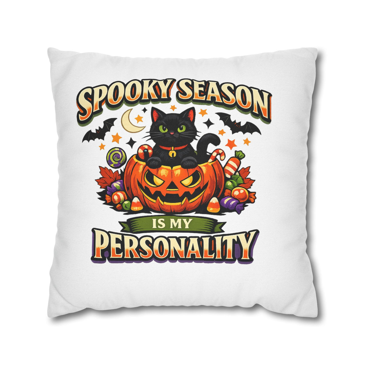Halloween Pillowcase — "Spooky Season Is My Personality" Black Cat Pumpkin Decorative Pillow