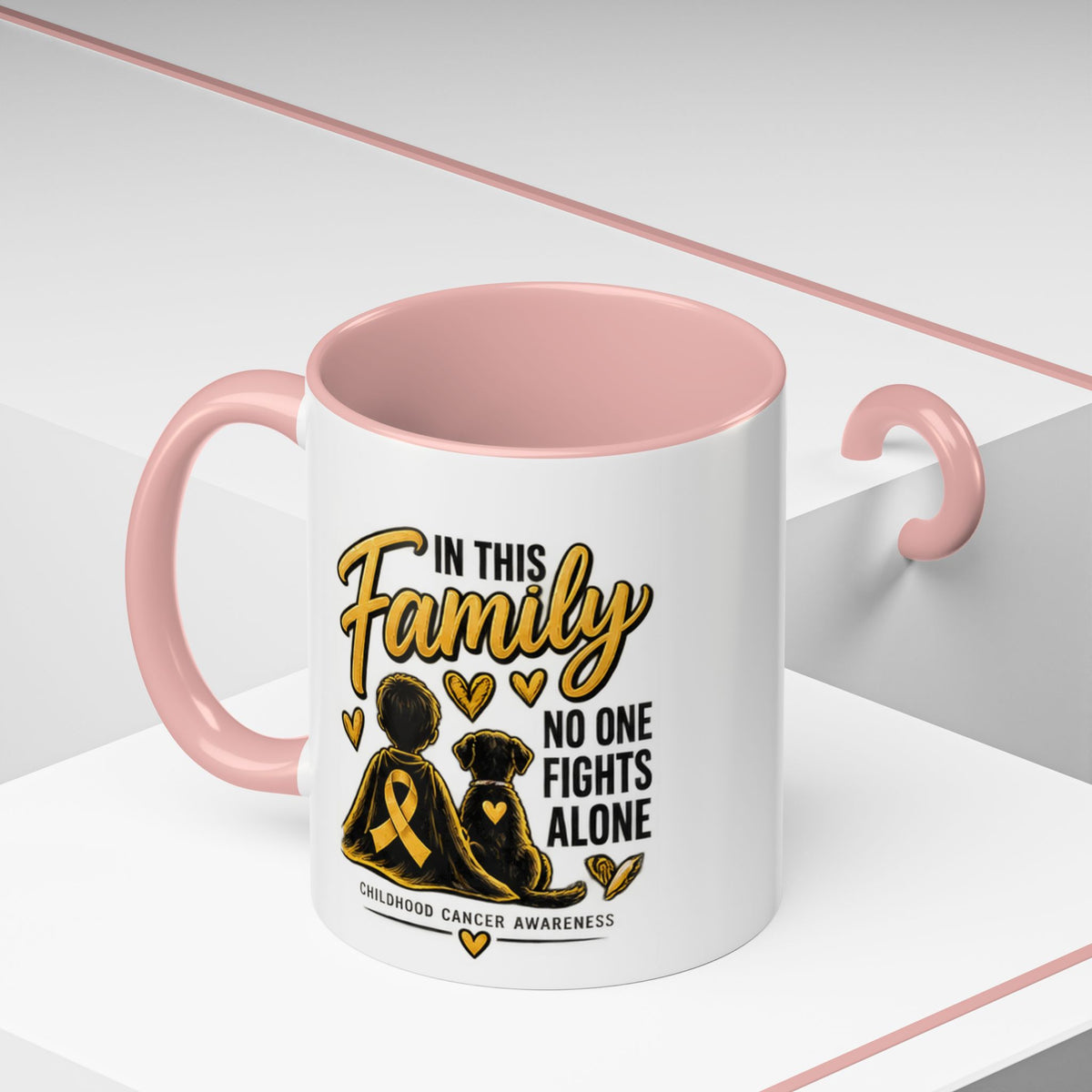Childhood Cancer Awareness Coffee Mug — "In This Family No One Fights Alone"
