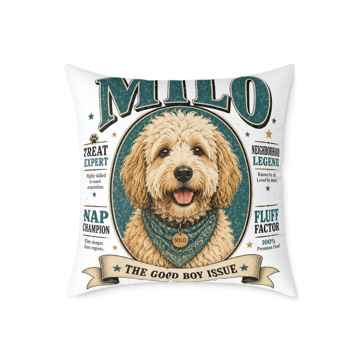 Milo Bailey Dog Dad Mom Square Pillow — "Milo: The Good Boy Issue" Dog Portrait Decorative Throw Pillow